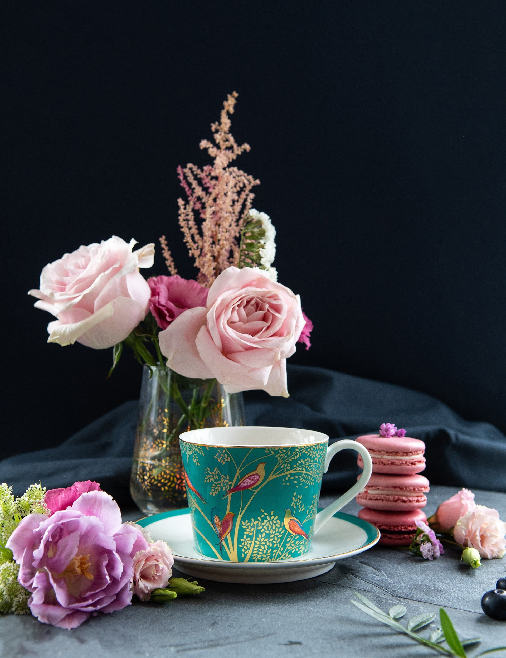 Sara Miller Green Bird fine china cup and saucer (British brand)