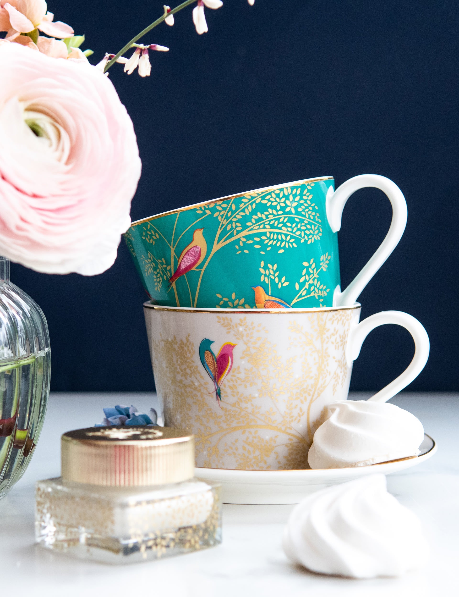 Sara Miller Green Bird fine china cup and saucer (British brand)