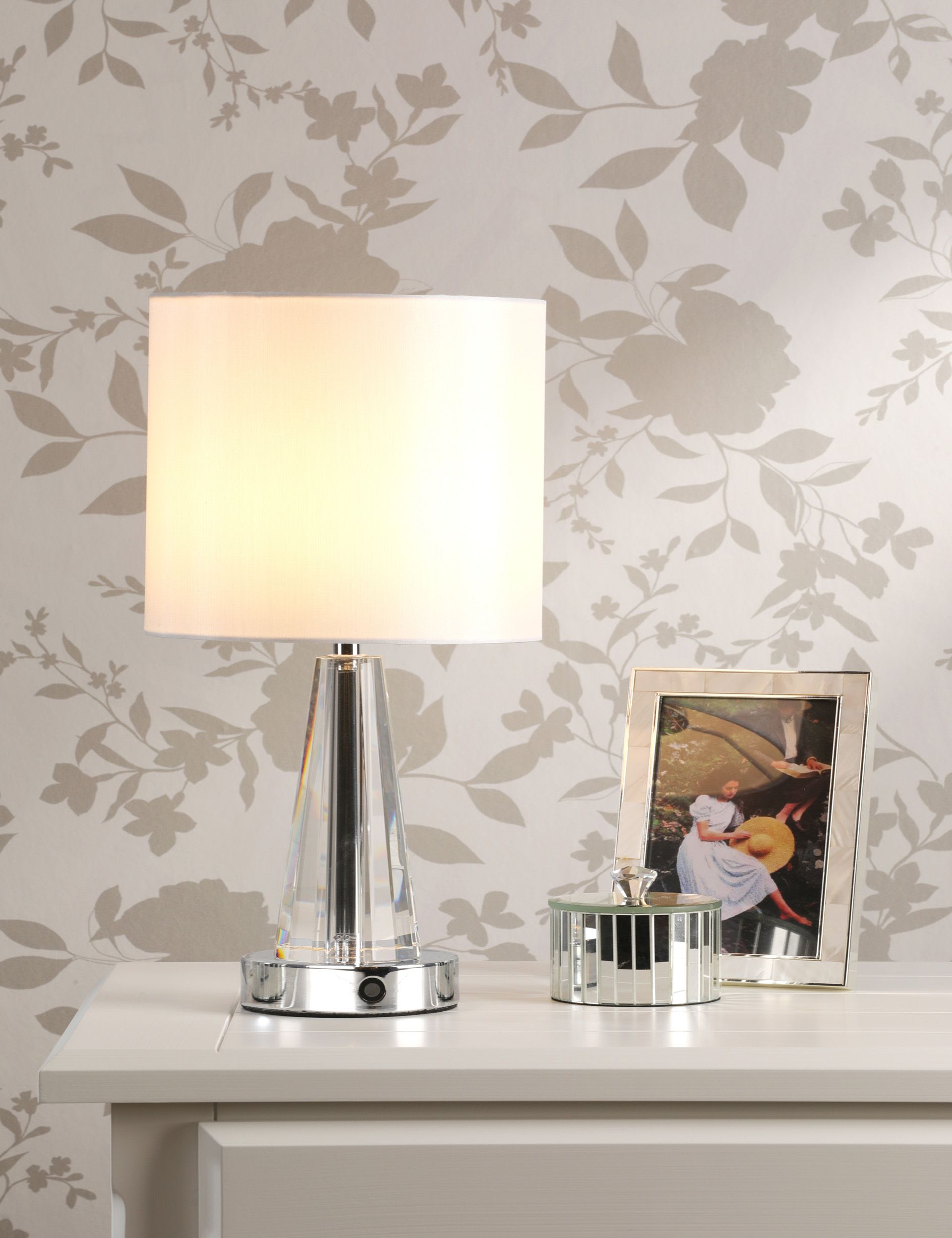 Laura Ashley Blake rechargeable table lamp with chrome base, UK version