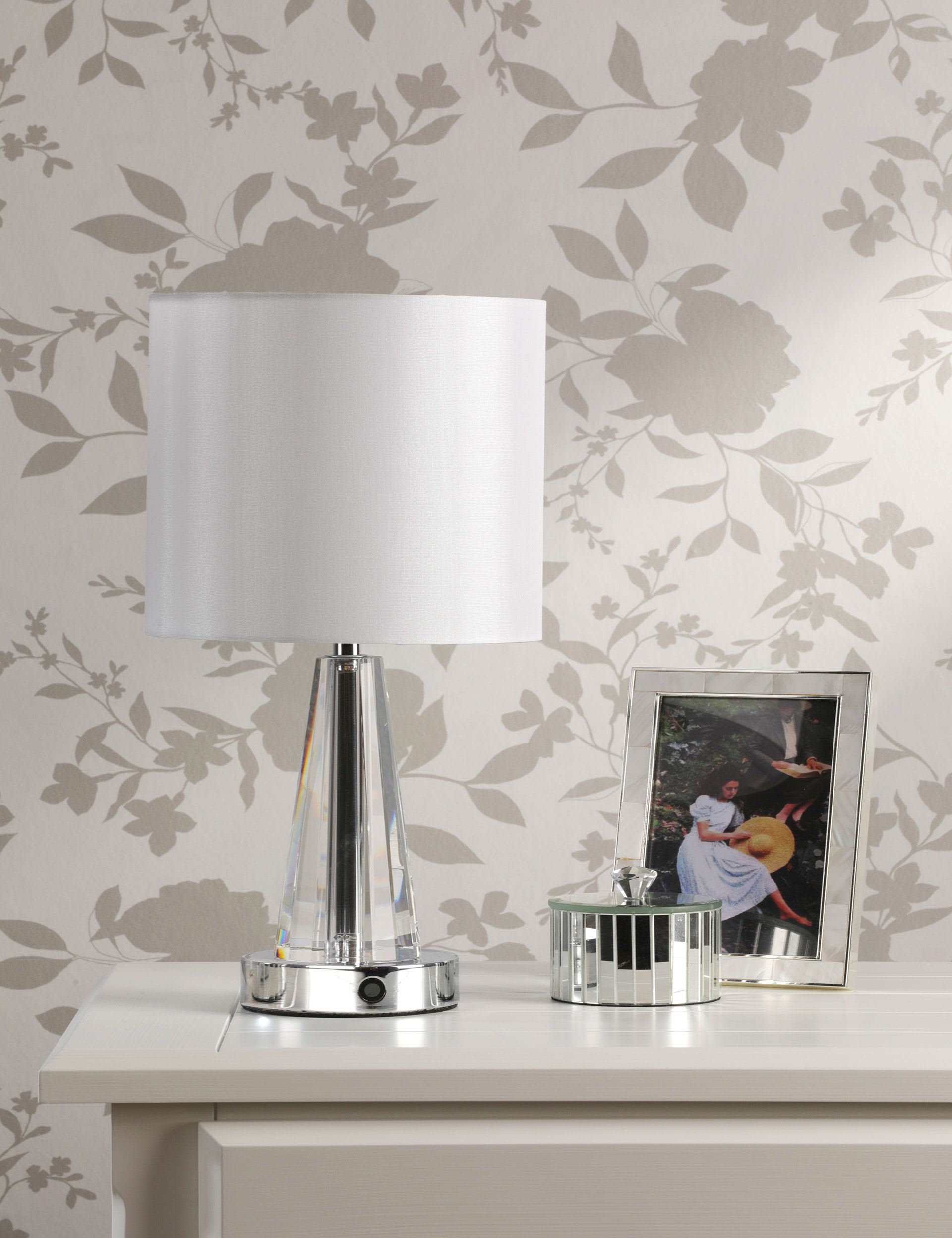 Laura Ashley Blake rechargeable table lamp with chrome base, UK version