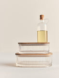 Glass oil pourers set of two with acacia wood caddy (British brand)