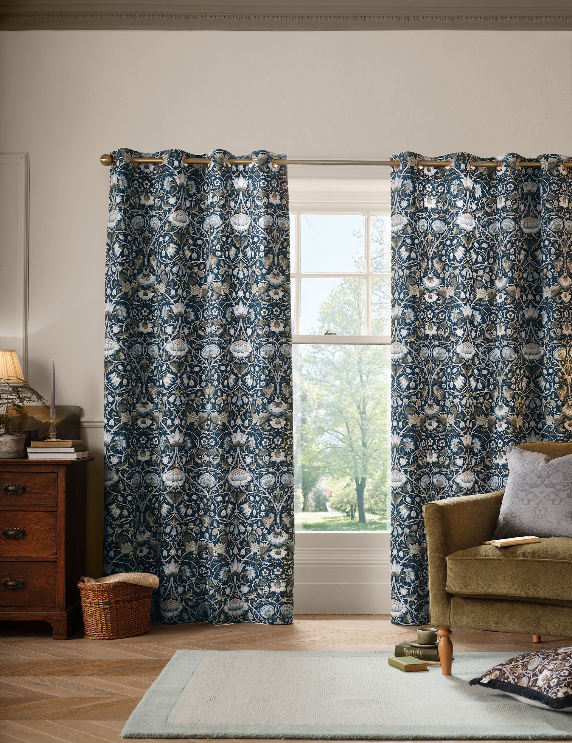 William Morris Lodden eyelet curtains, imported from the UK