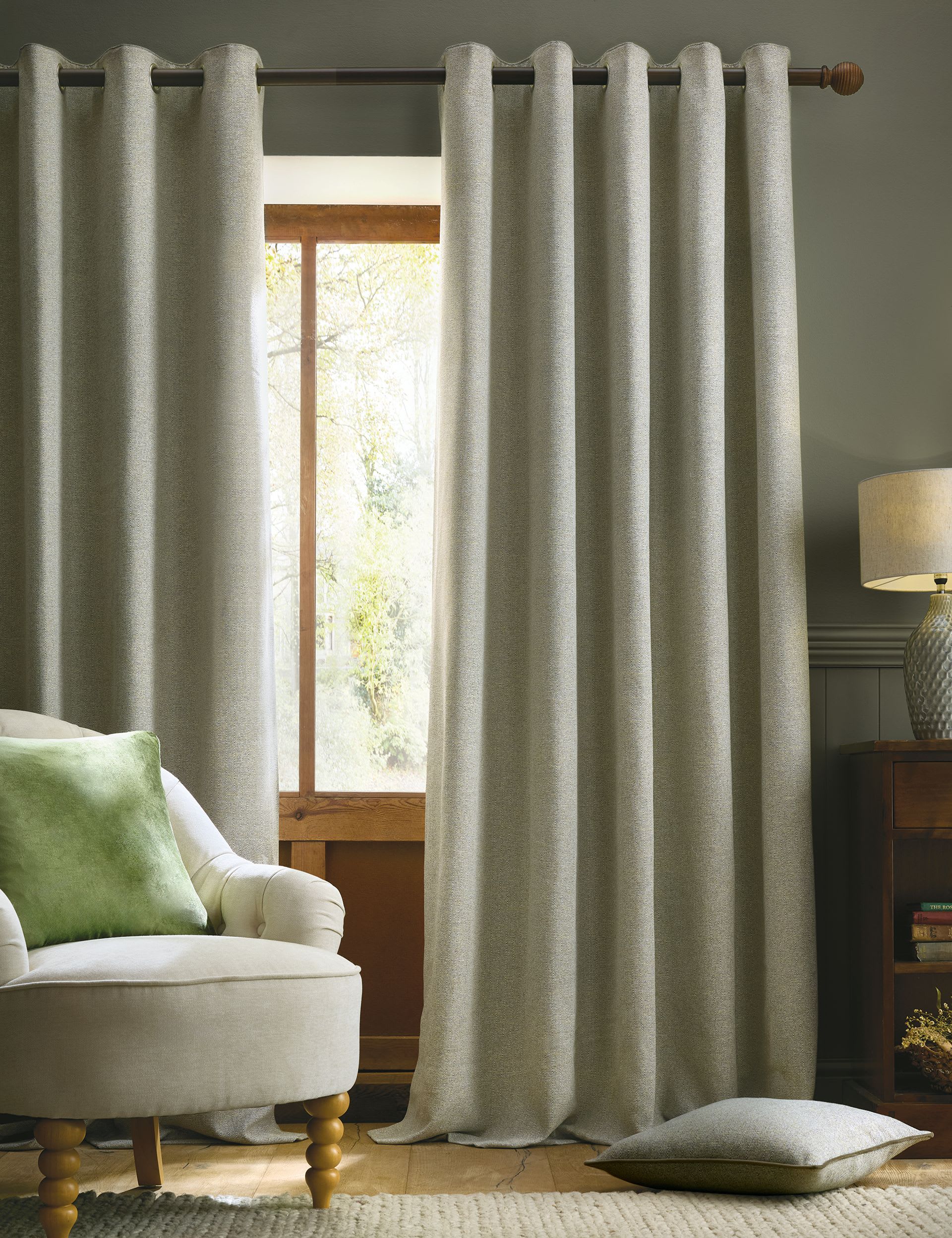 Laura Ashley Milbourne herringbone eyelet curtains, imported from the UK