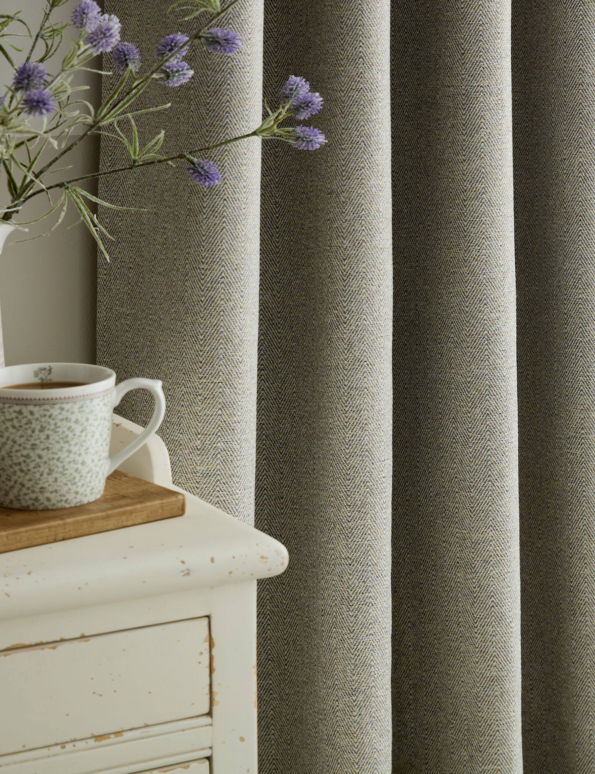 Laura Ashley Milbourne herringbone eyelet curtains, imported from the UK