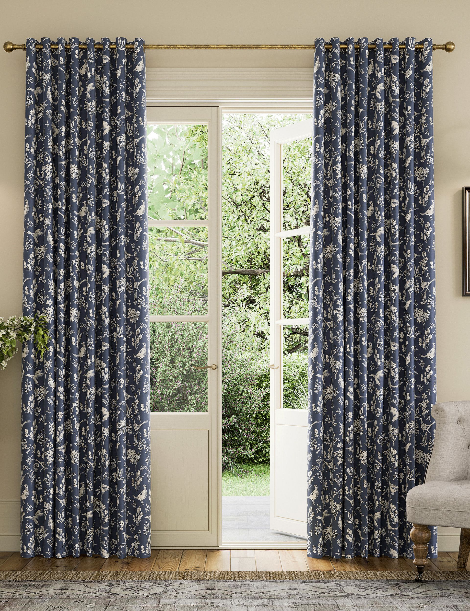 Joules Festival Pheasants pure cotton eyelet blackout curtains (British brand)