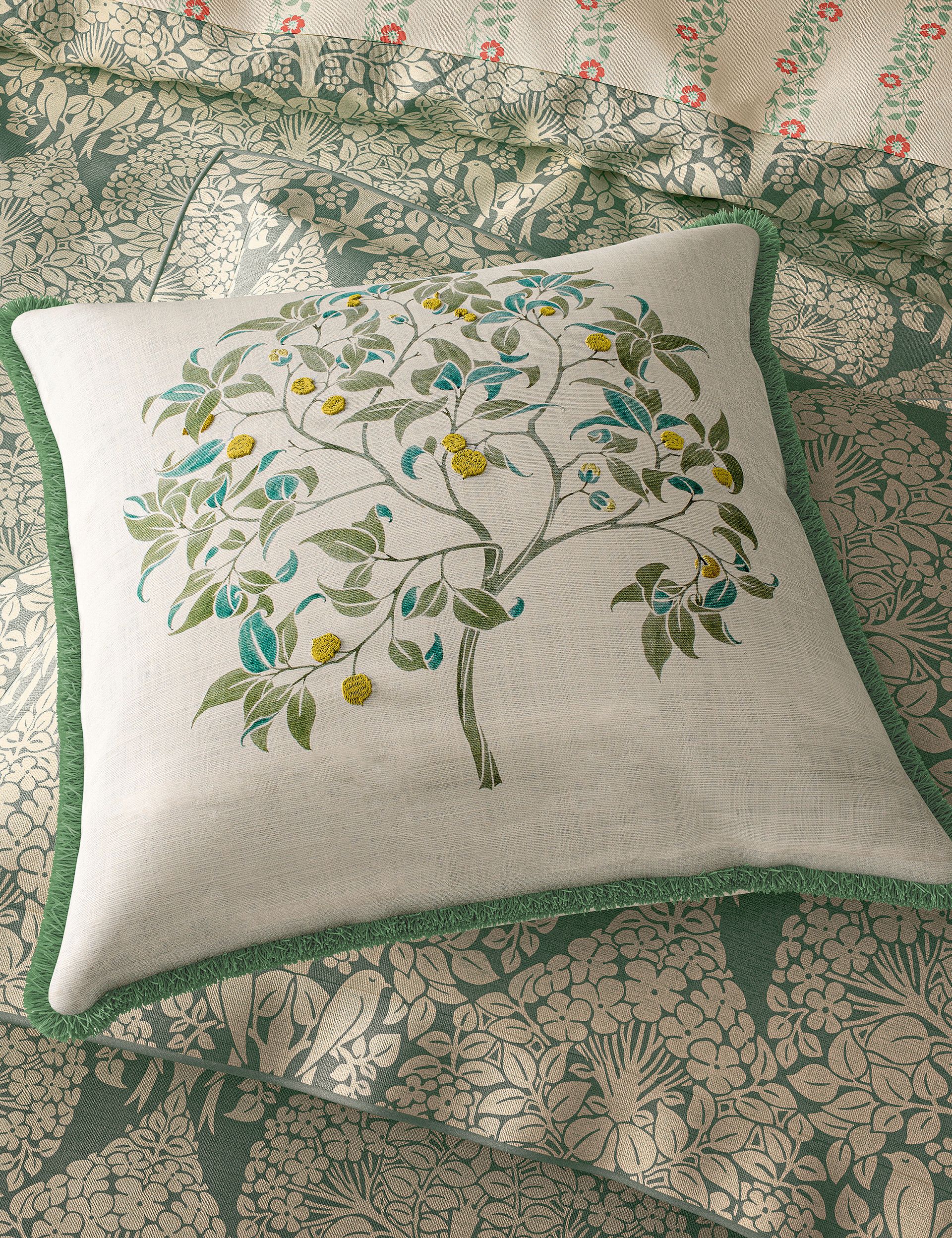 V&A cotton cushion with ornamental tree design, UK version