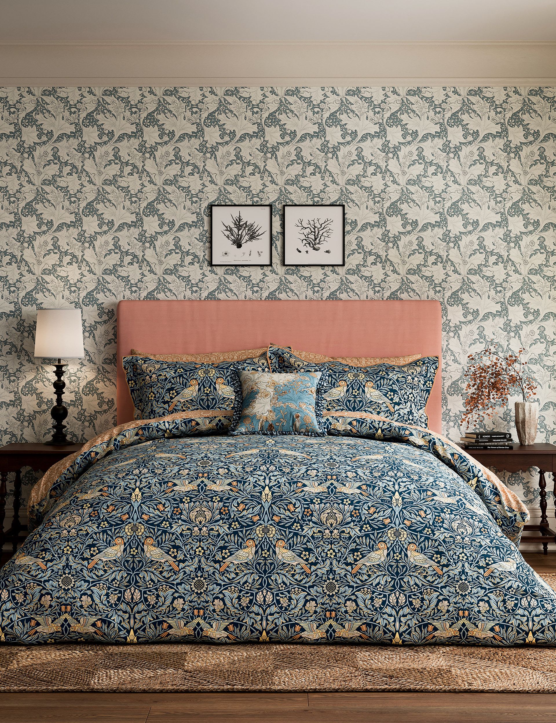 Morris & Co Bird cotton bedding set Webb's Blue colourway, UK version