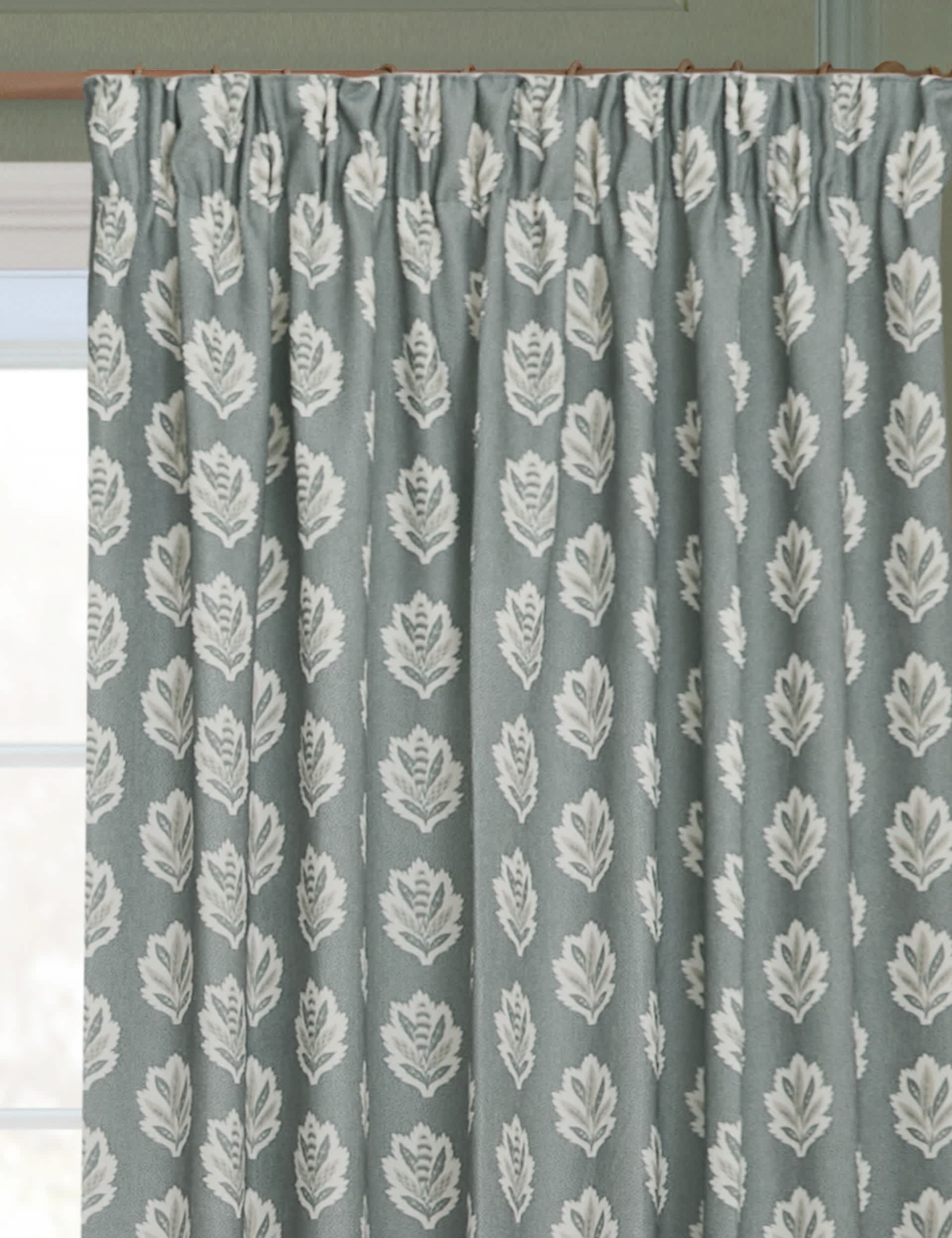 Sanderson Sessile Leaf Pencil Pleat curtains, imported from the UK