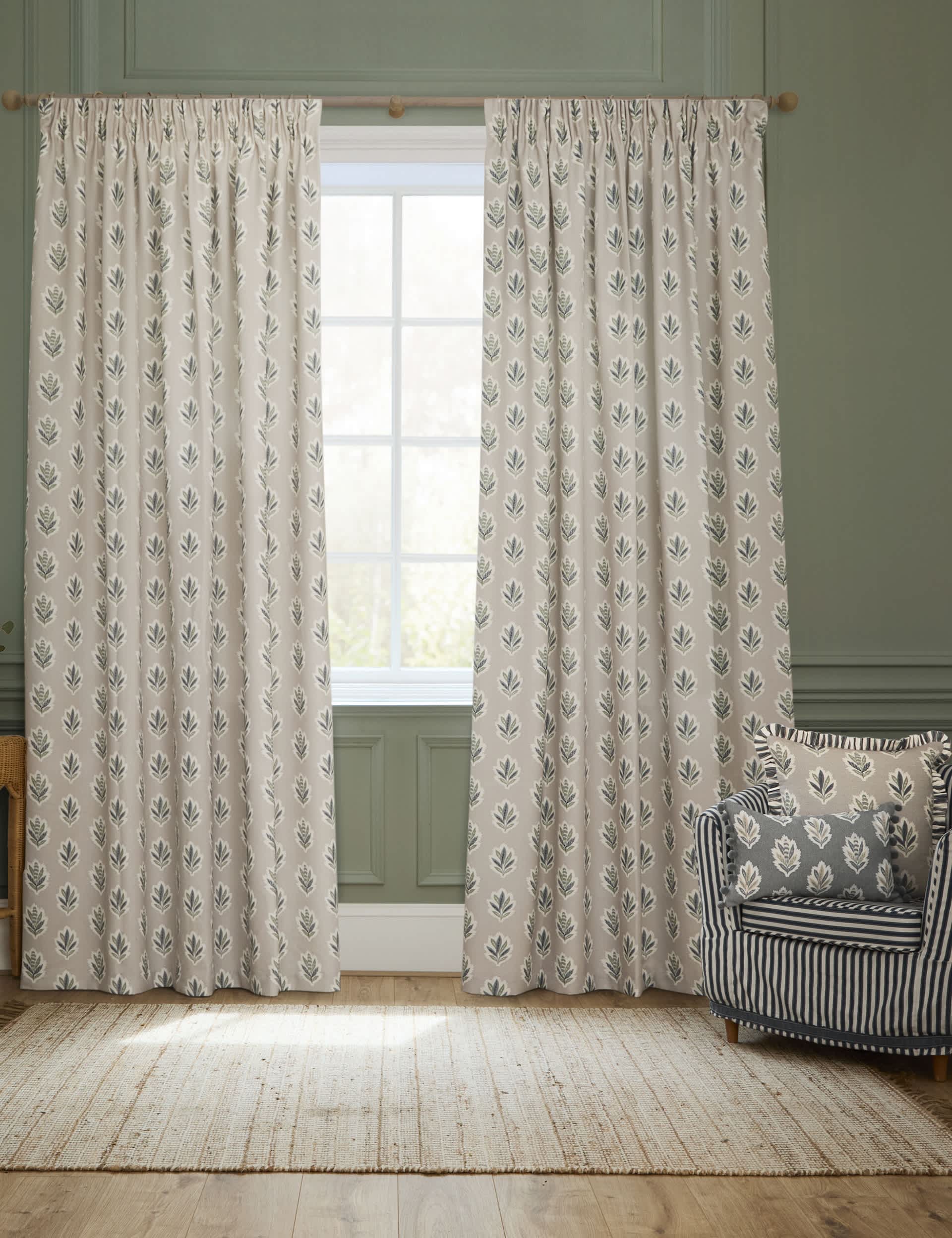 Sanderson Sessile Leaf Pencil Pleat curtains, imported from the UK