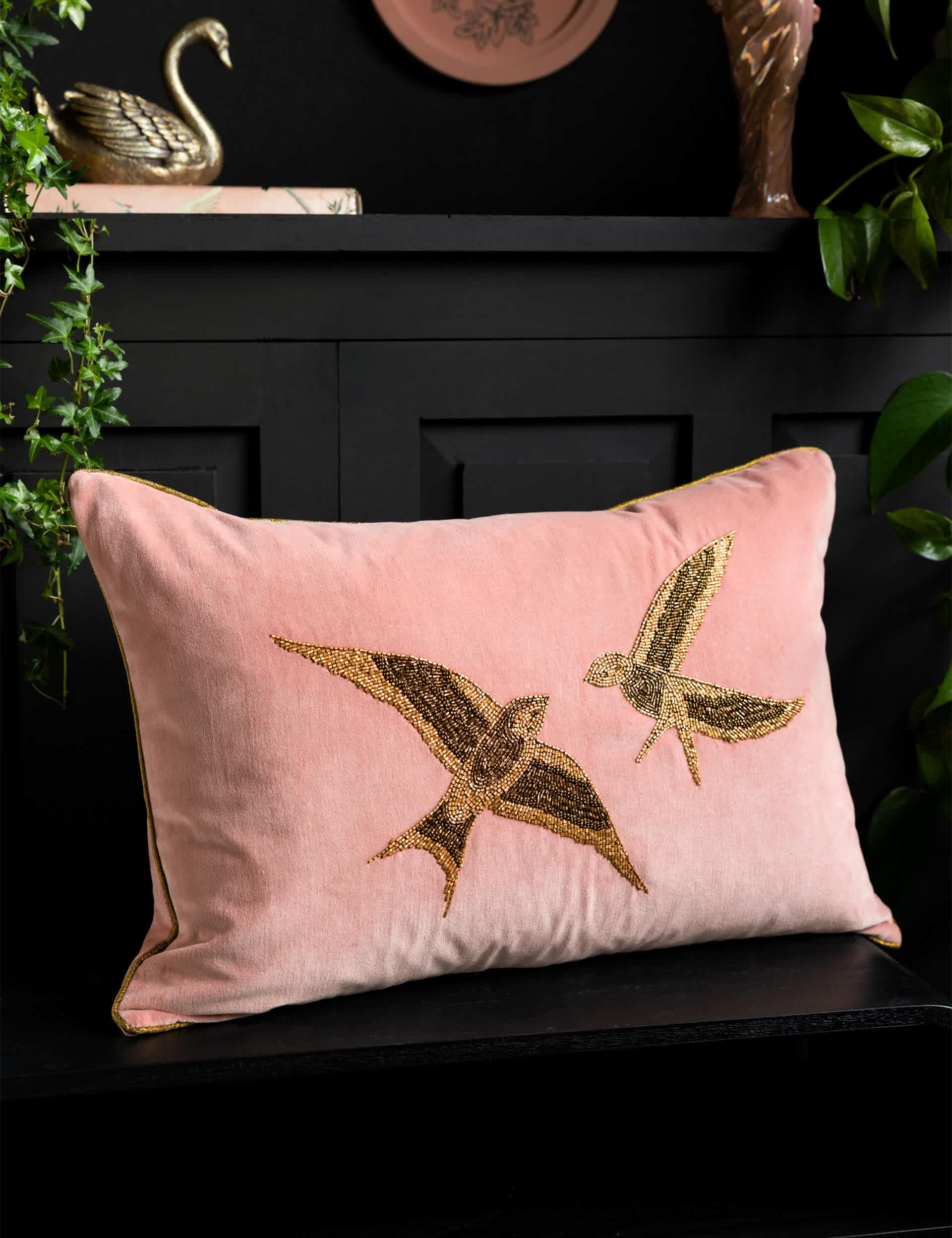 Rockett St George beaded love birds cushion 40cm by 60cm, imported from the UK