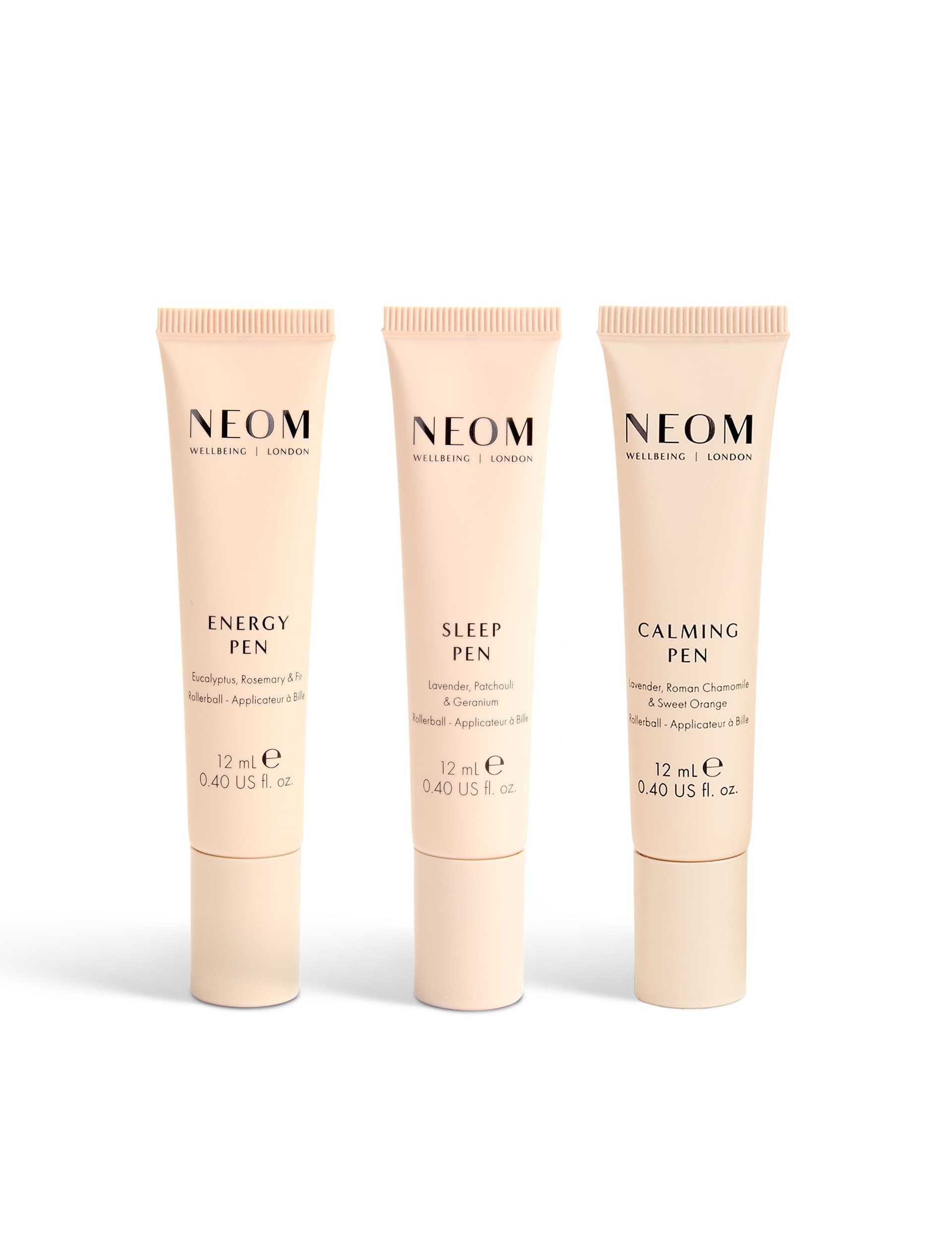 NEOM Wellbeing Pen Discovery Set three 12ml aromatherapy pens, imported from the UK