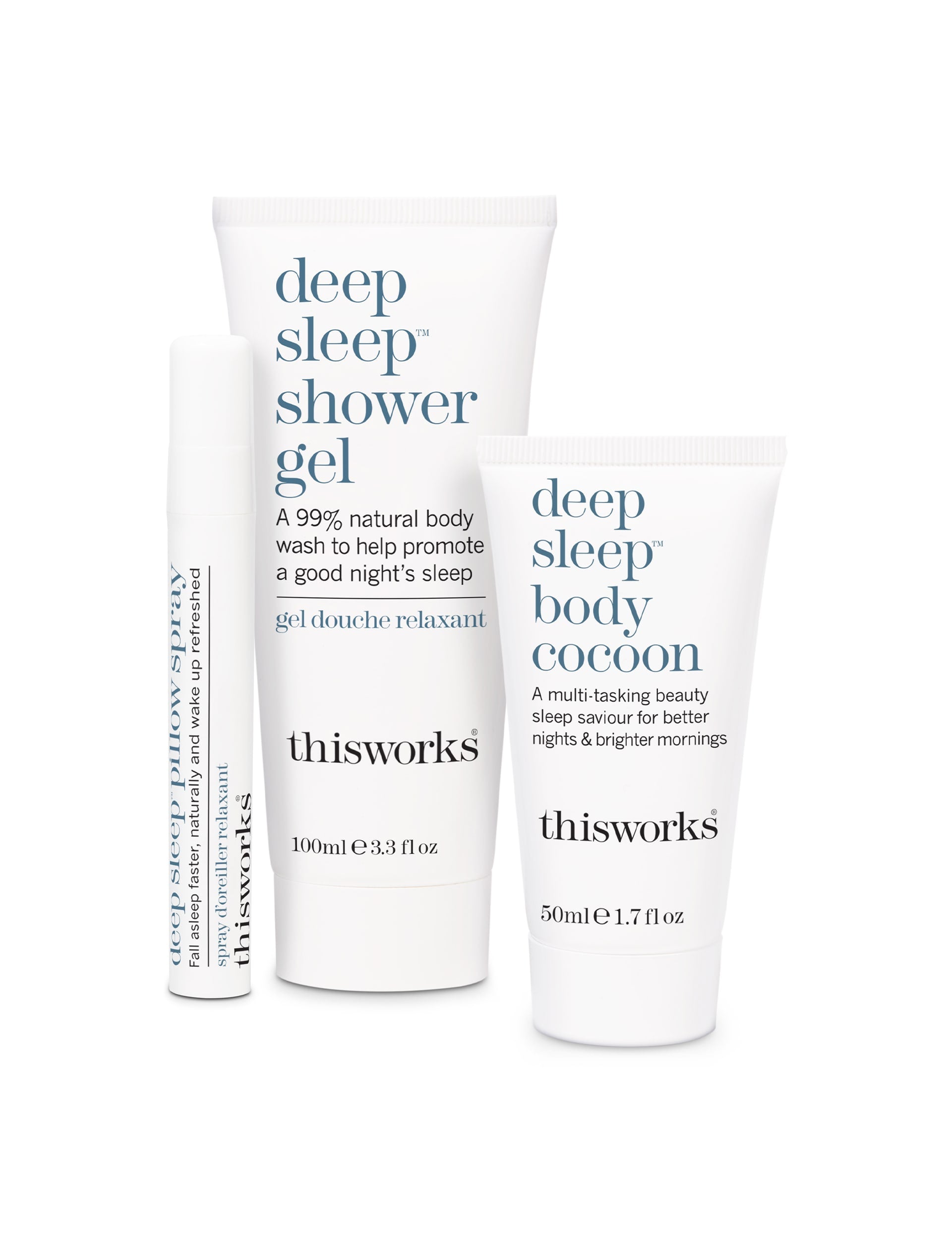 this works Sleep Retreat Kit with 50ml, 100ml, and 10ml sizes (British brand)