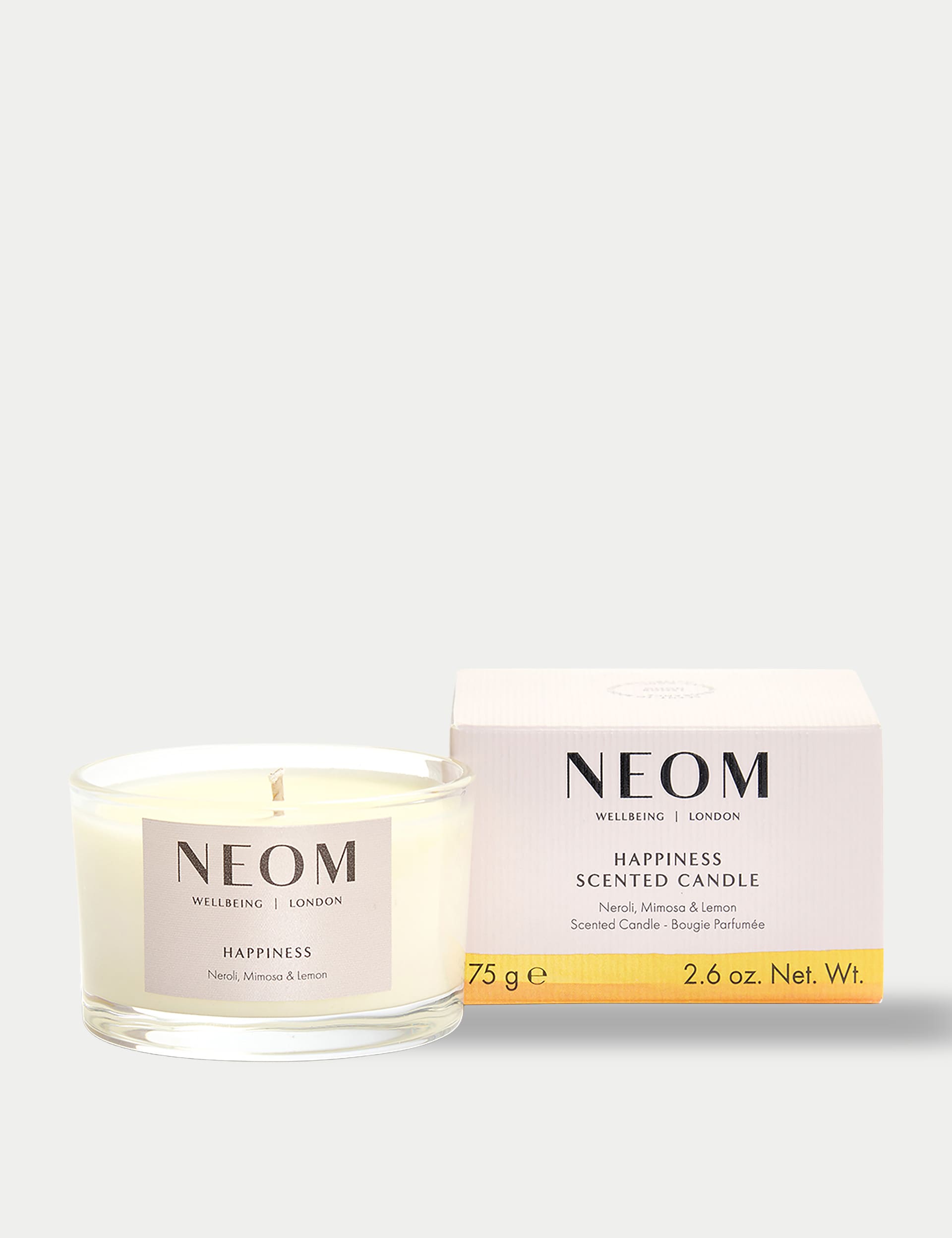 NEOM Wellbeing Happiness Travel Candle 75g - British product