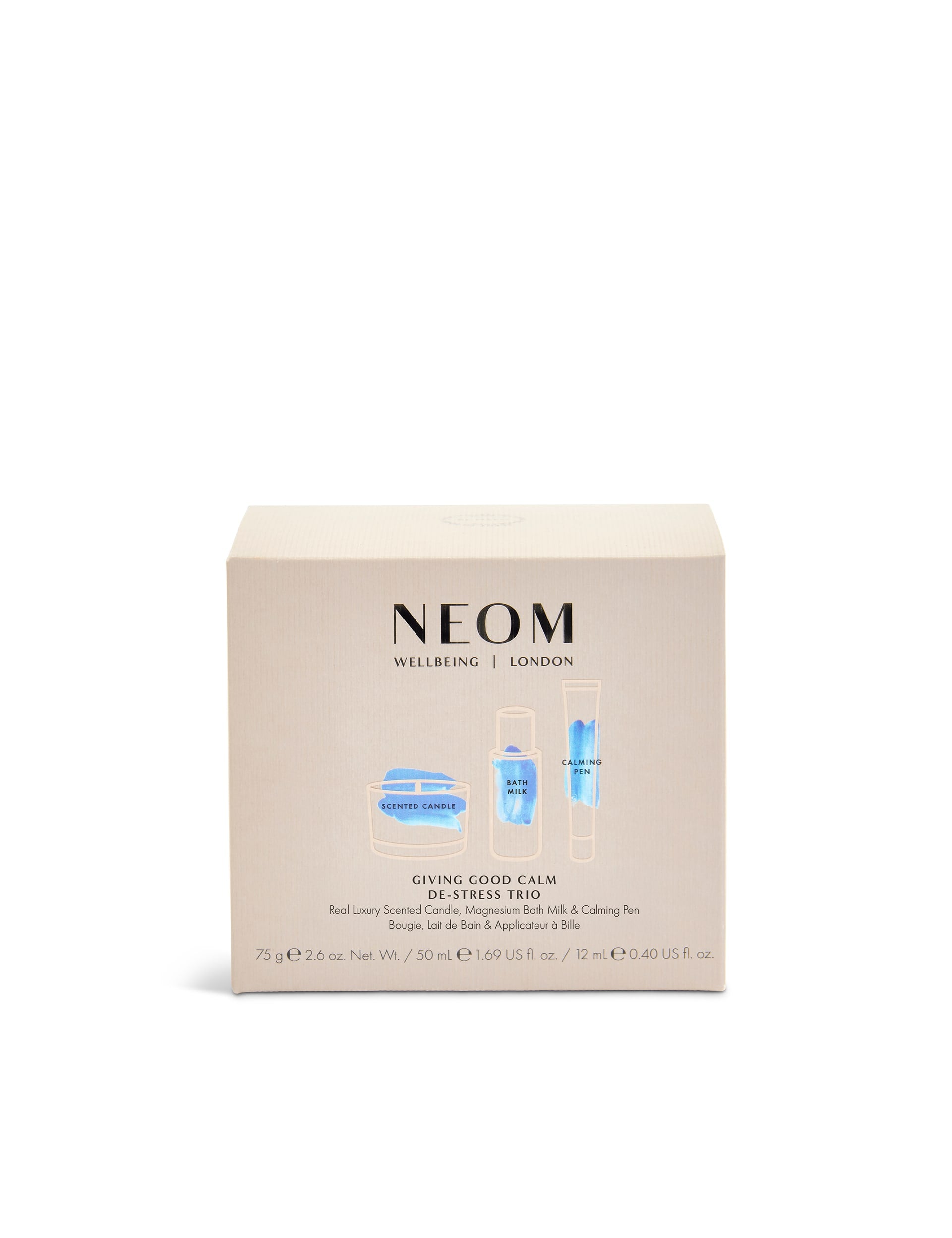 NEOM De-Stress Trio with candle, bath milk, and pen, imported from UK