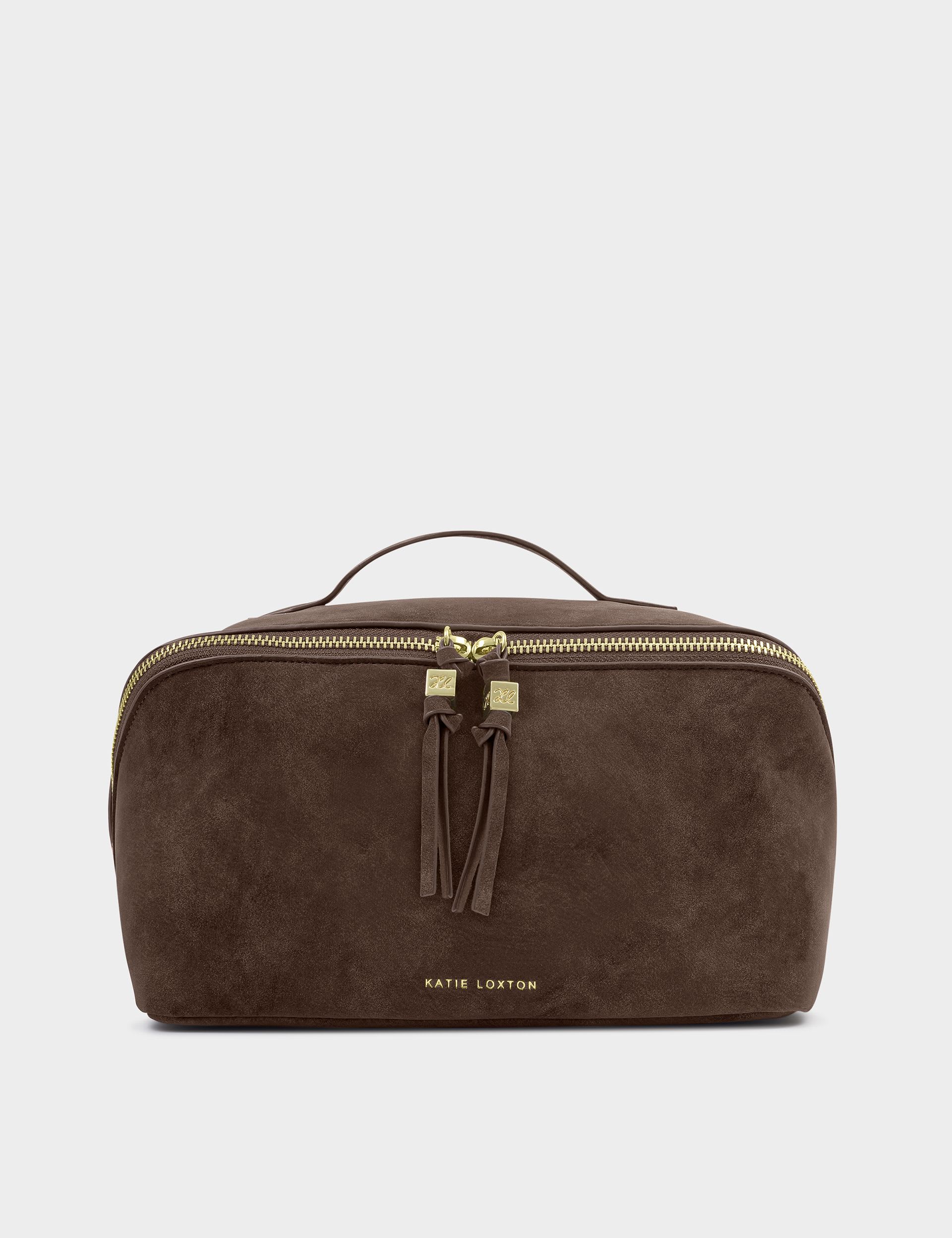 Katie Loxton faux suede toiletry bag large flat lay, UK version