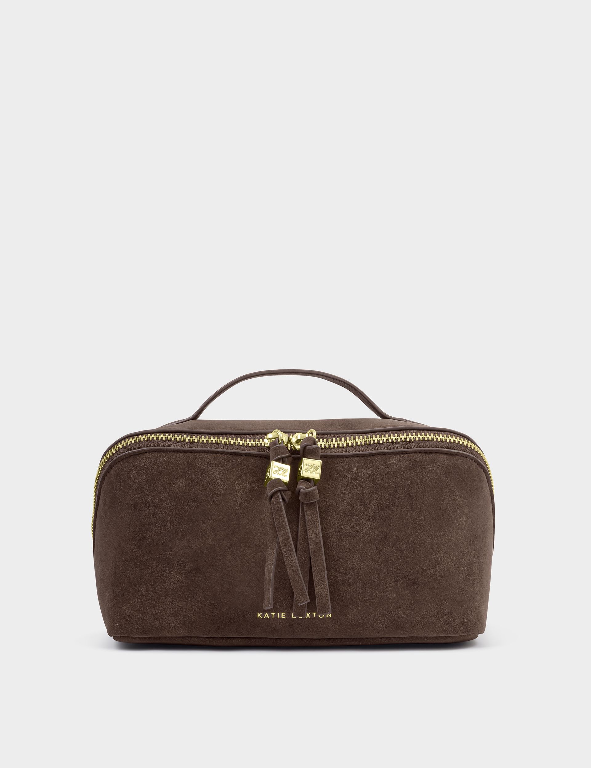 Katie Loxton faux suede toiletry bag medium flat lay (British brand)