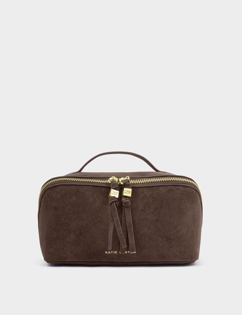 Katie Loxton faux suede toiletry bag medium flat lay (British brand)