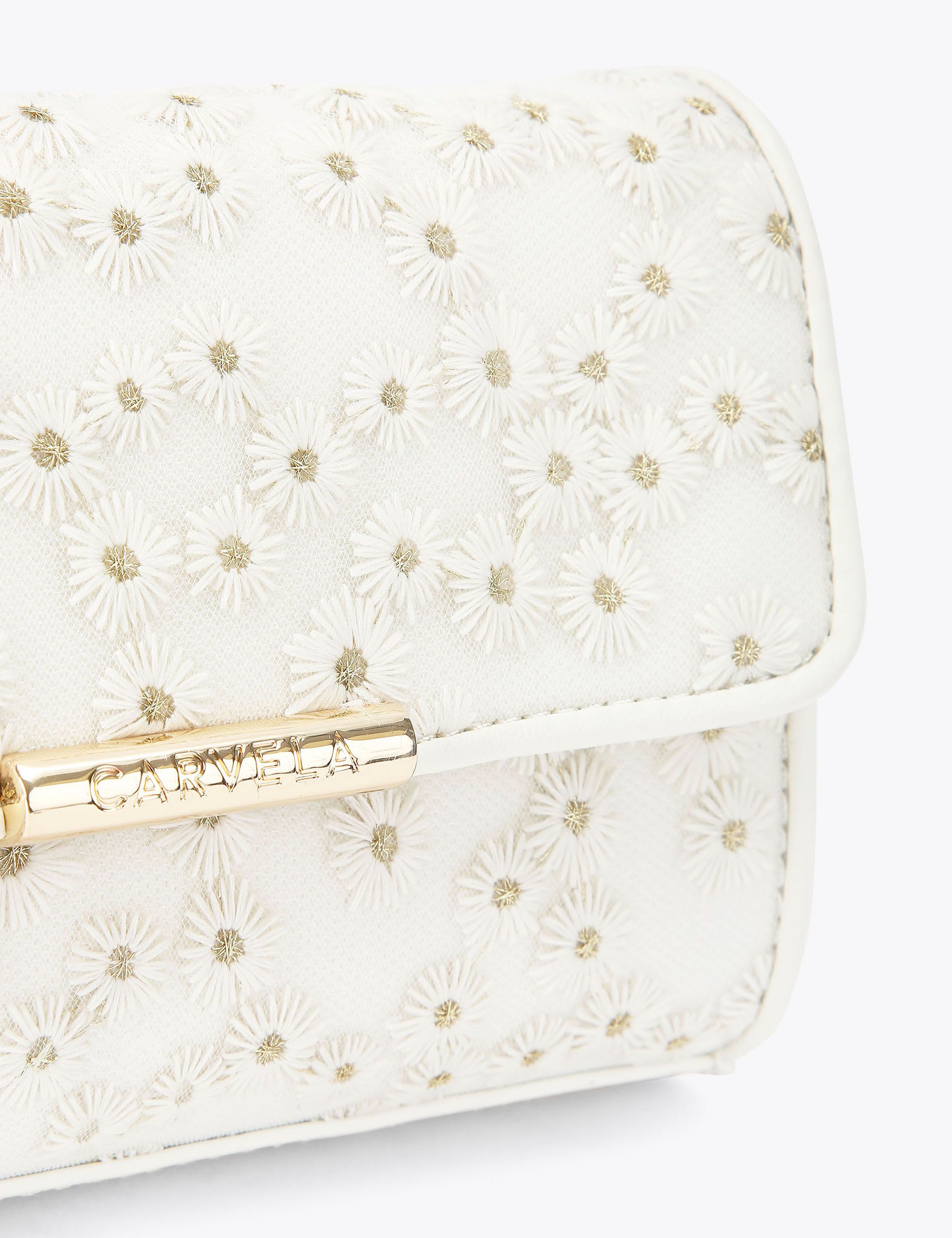Carvela embroidered daisy chain strap clutch bag, imported from the UK