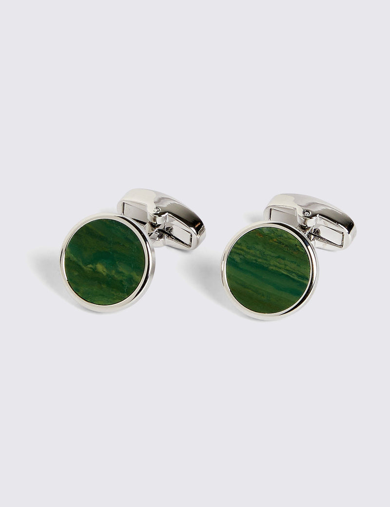 Moss brass jade stone round cufflinks - British product