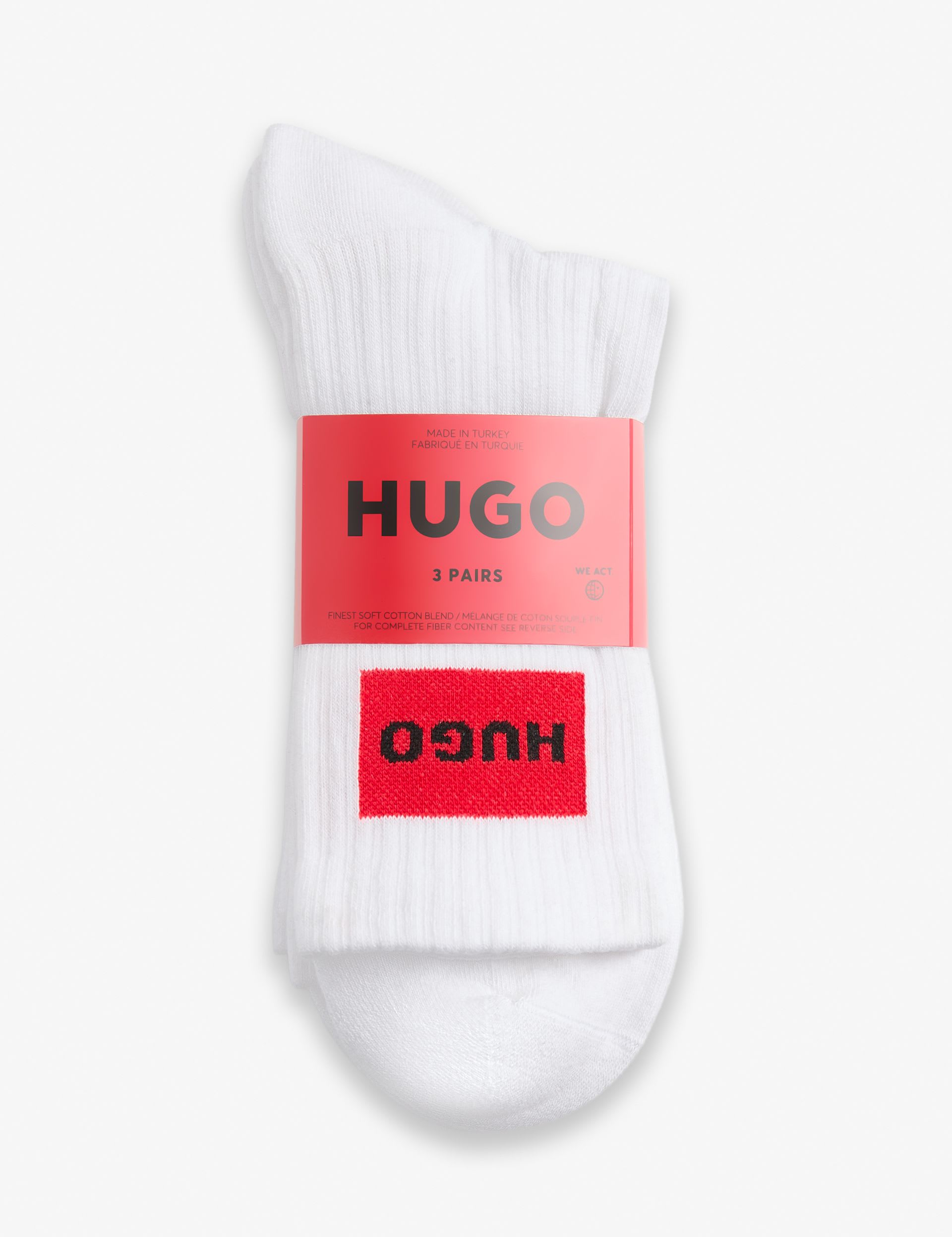 HUGO 3-pack cotton rich ribbed socks with logo label (British brand)