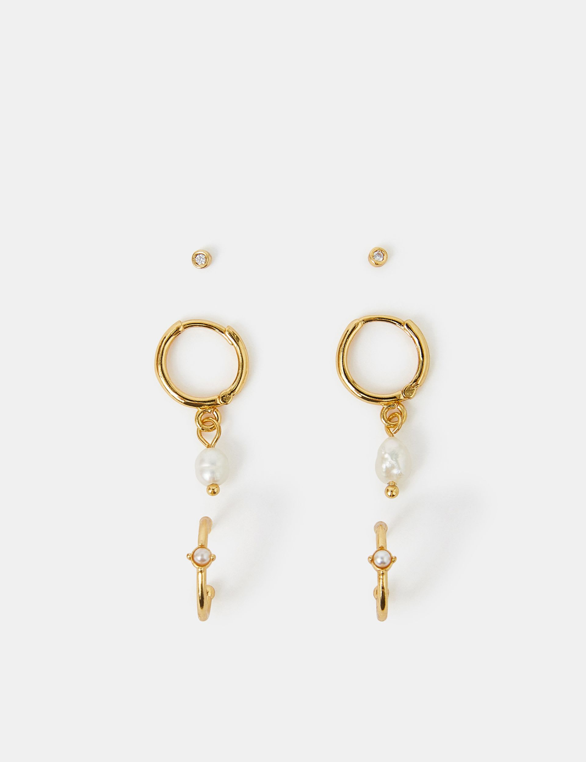 Accessorize gold plated pearl hoop and stud earrings 3 pack - British product
