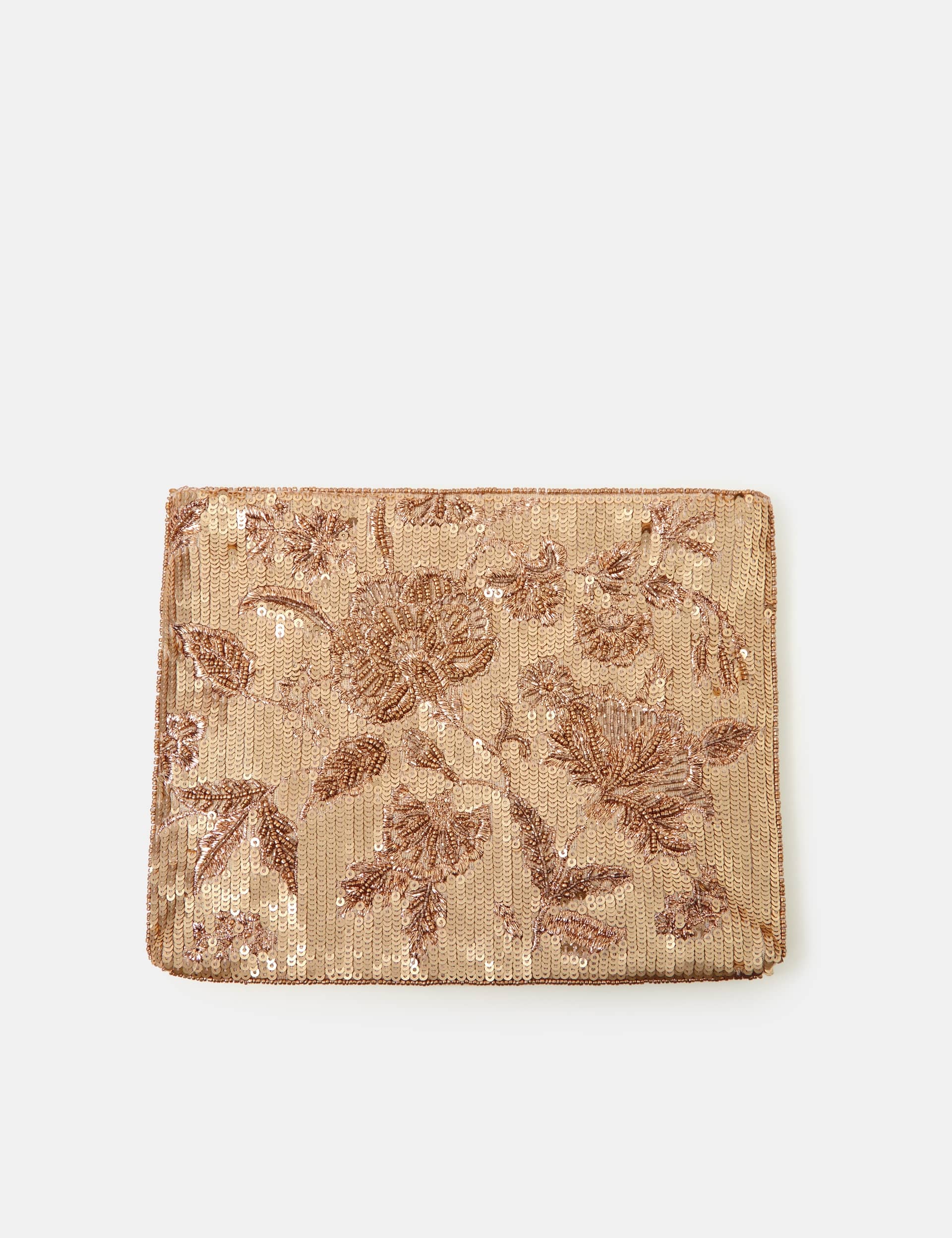 Accessorize sequin clutch bag with floral beaded chain strap (British brand)