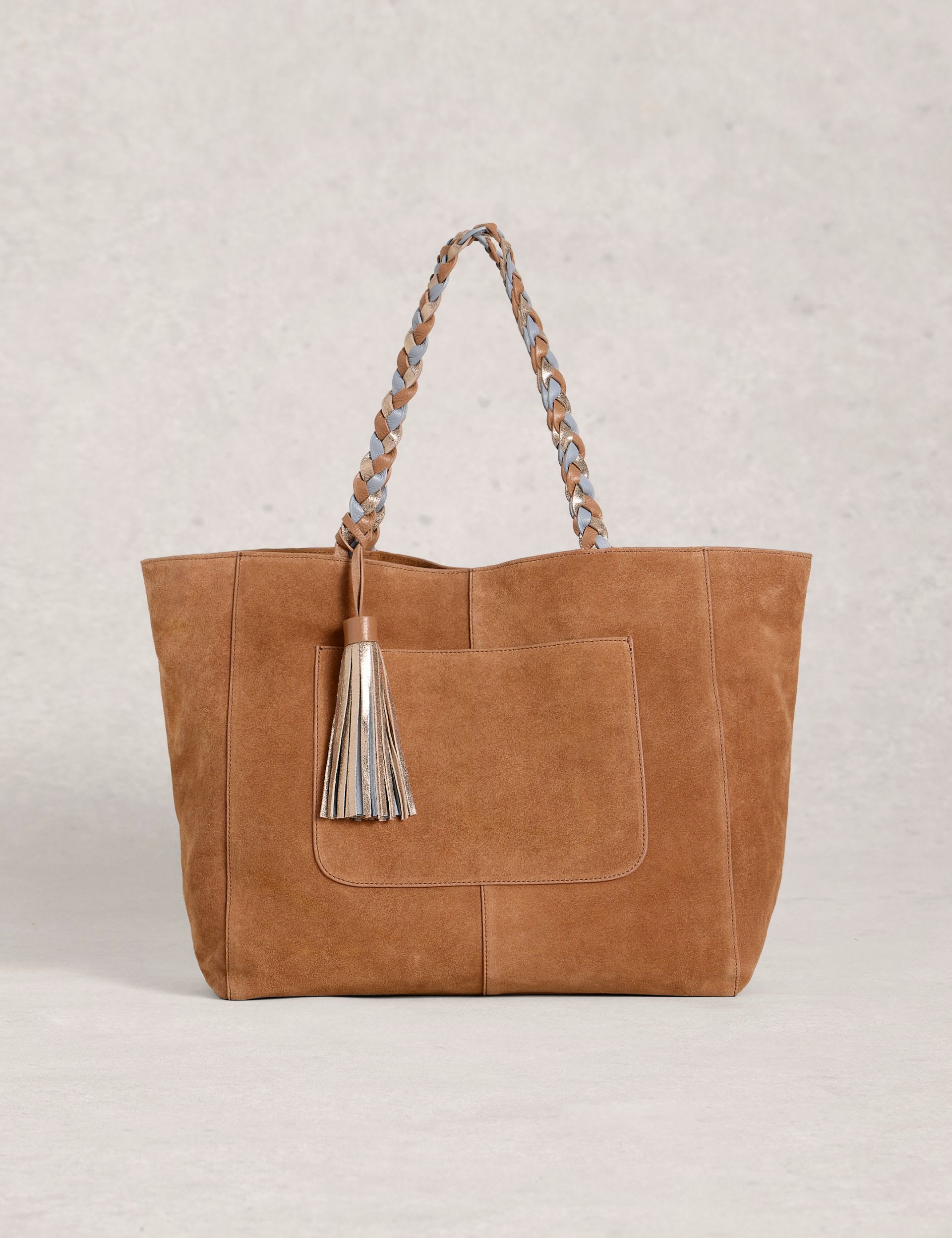 White Stuff Ledertasche mit Quaste, geflochtene Henkel - britisches Produkt