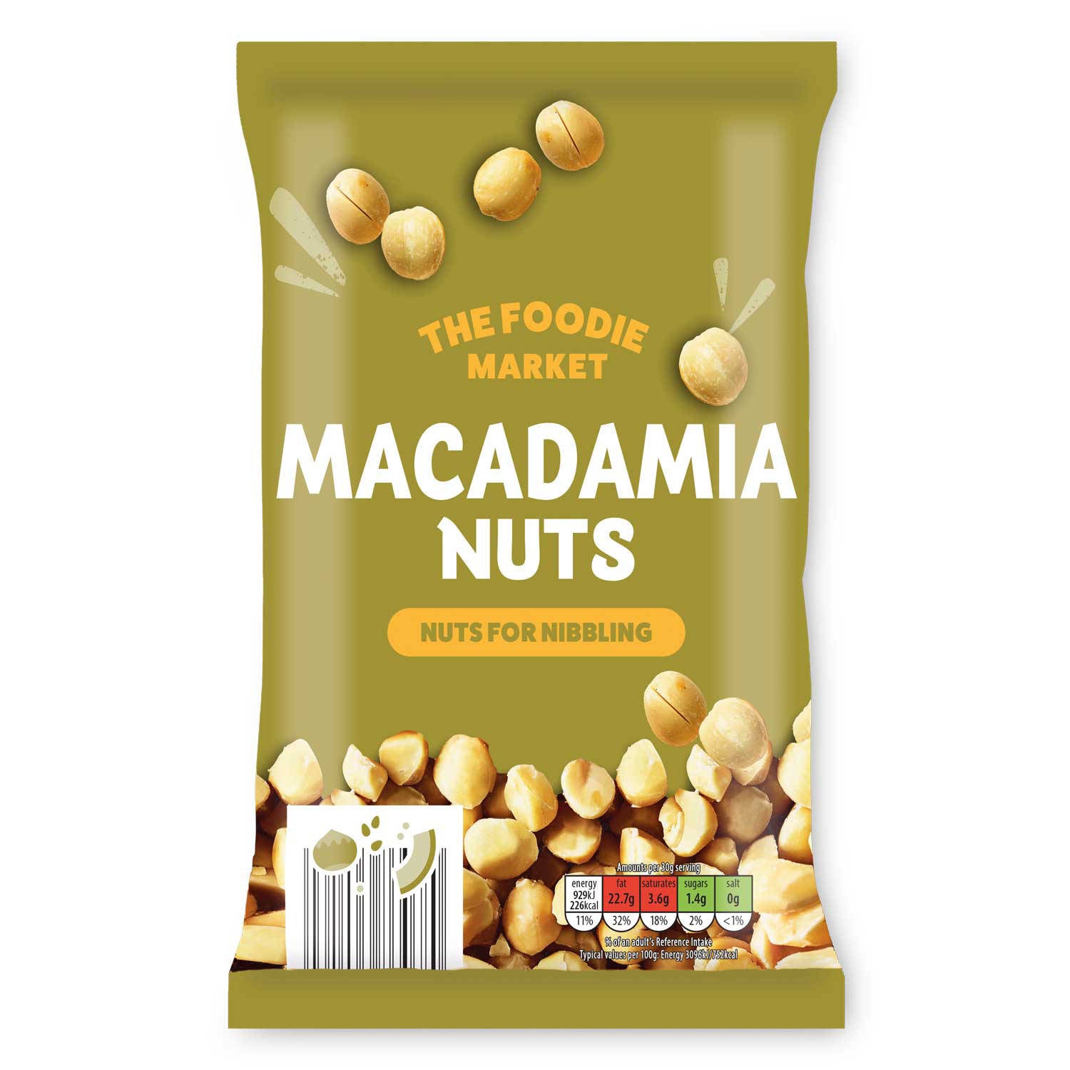Macadamia nuts in a packet for snacking, UK version