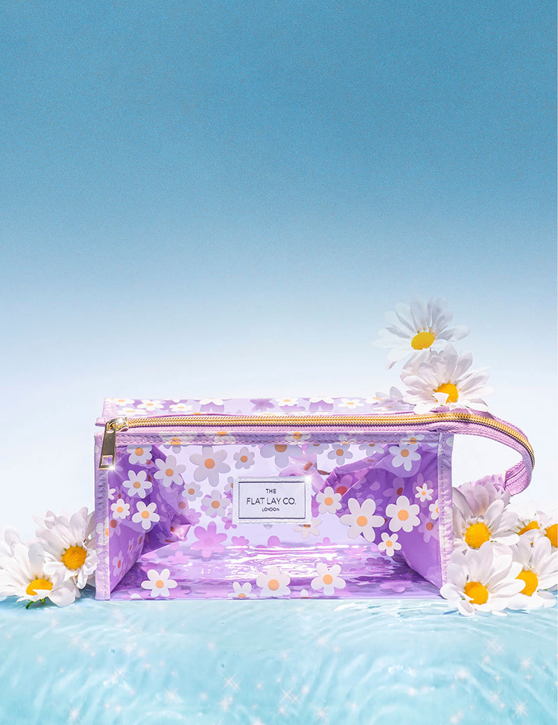 The Flat Lay Co. makeup jelly box bag in lilac daisy imported from the UK