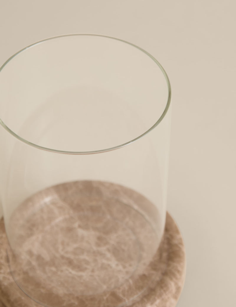 Marble hurricane candle holder with clear glass cylinder, UK version
