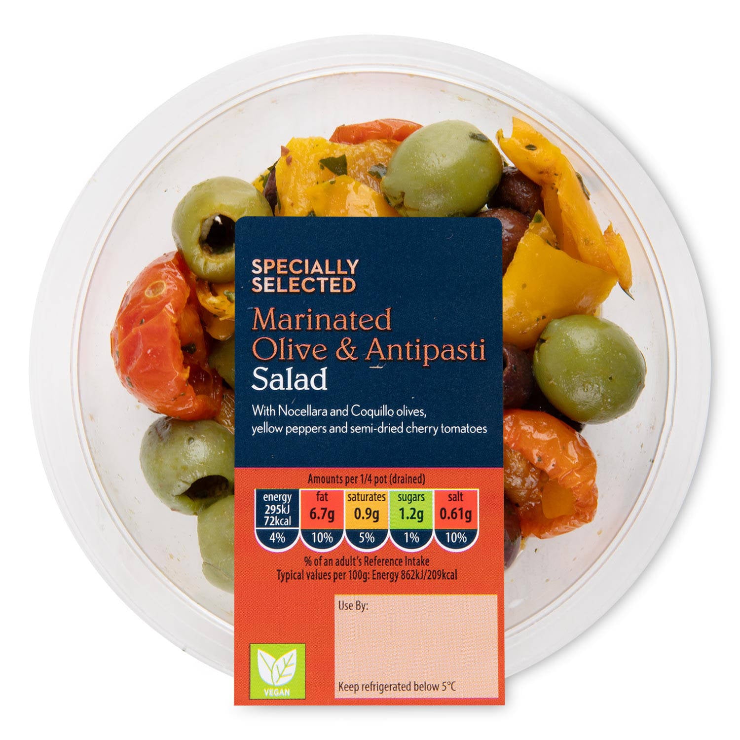 Marinated olive and antipasti salad with peppers and tomatoes - British product
