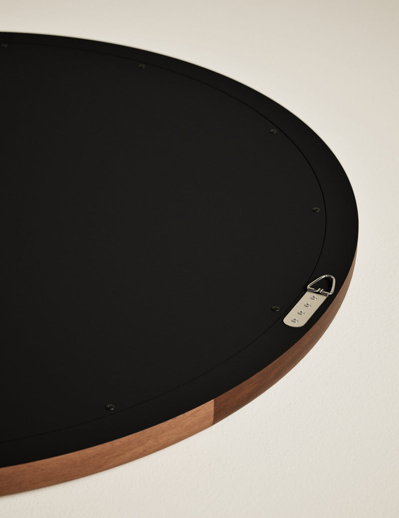 Marlowe round wall mirror with two-tone wood frame, imported from the UK