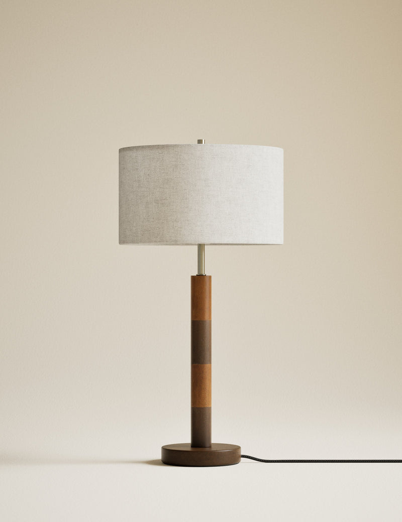 Marlowe table lamp two-tone wood column fabric shade - British product