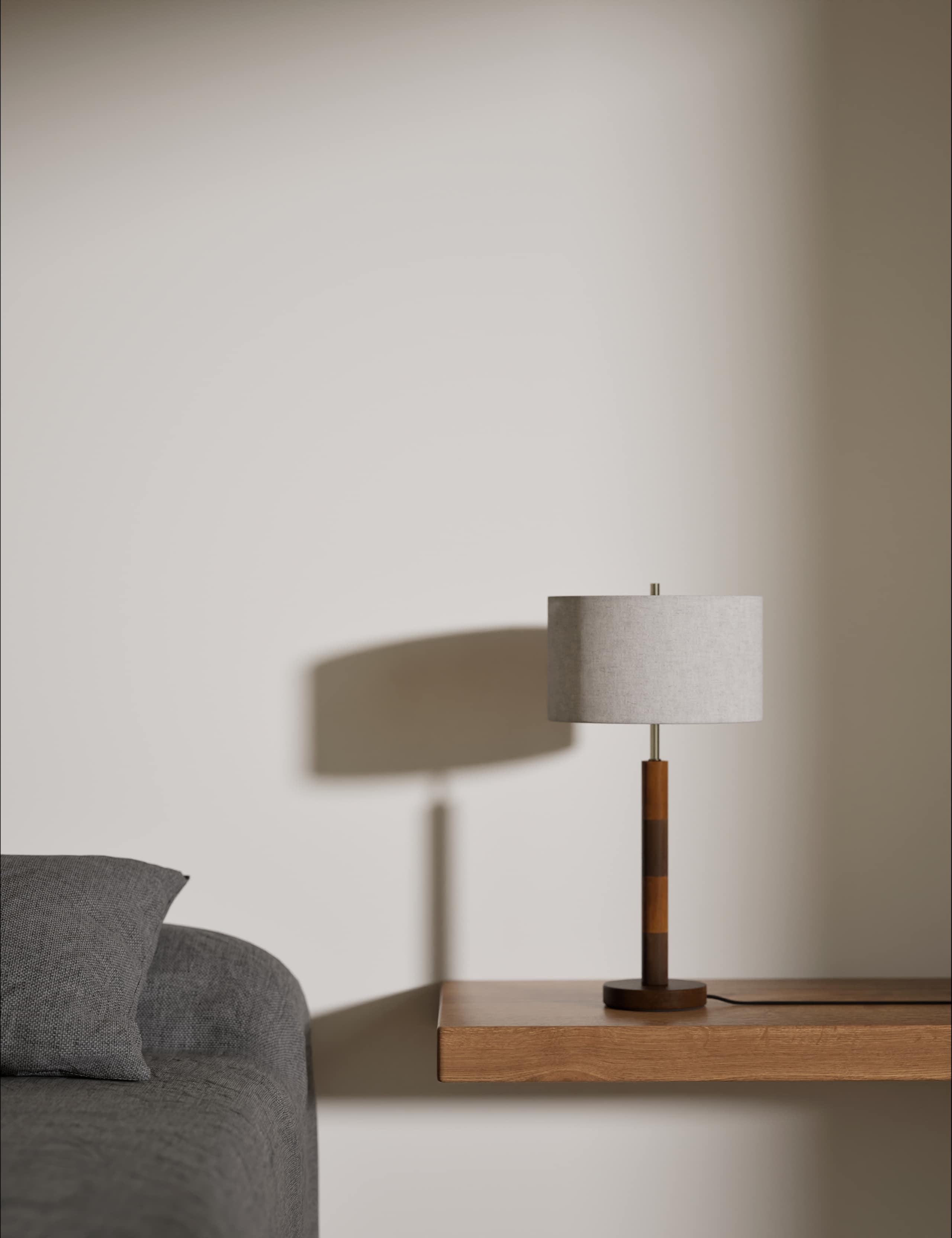 Marlowe table lamp two-tone wood column fabric shade - British product