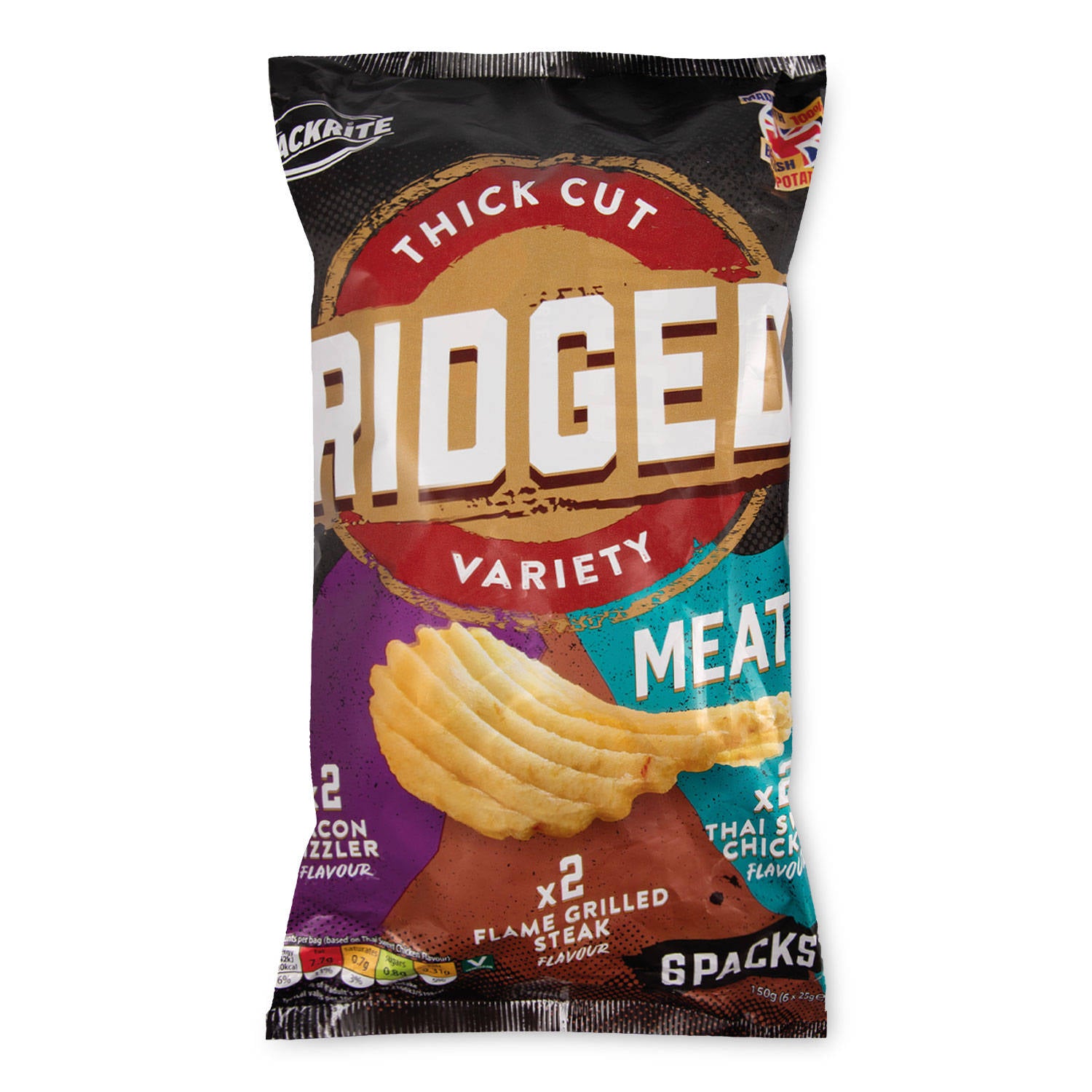Meaty ridged crisps 6 pack for snacking (British brand)