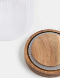 Medium ribbed glass storage jar with wooden lid, 16cm tall, imported from the UK