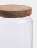Medium ribbed glass storage jar with wooden lid, 16cm tall, imported from the UK