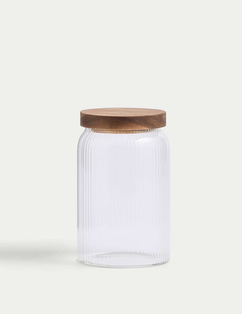 Medium ribbed glass storage jar with wooden lid, 16cm tall, imported from the UK