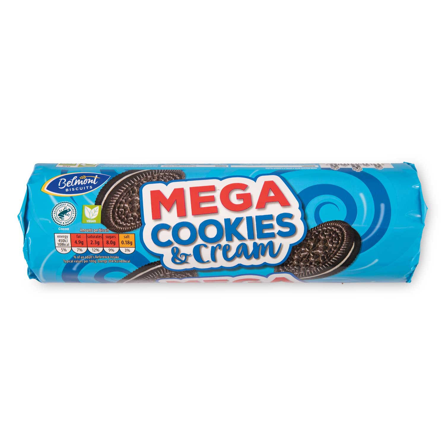 Mega Cookies & Cream cookies, free from milk (British brand)
