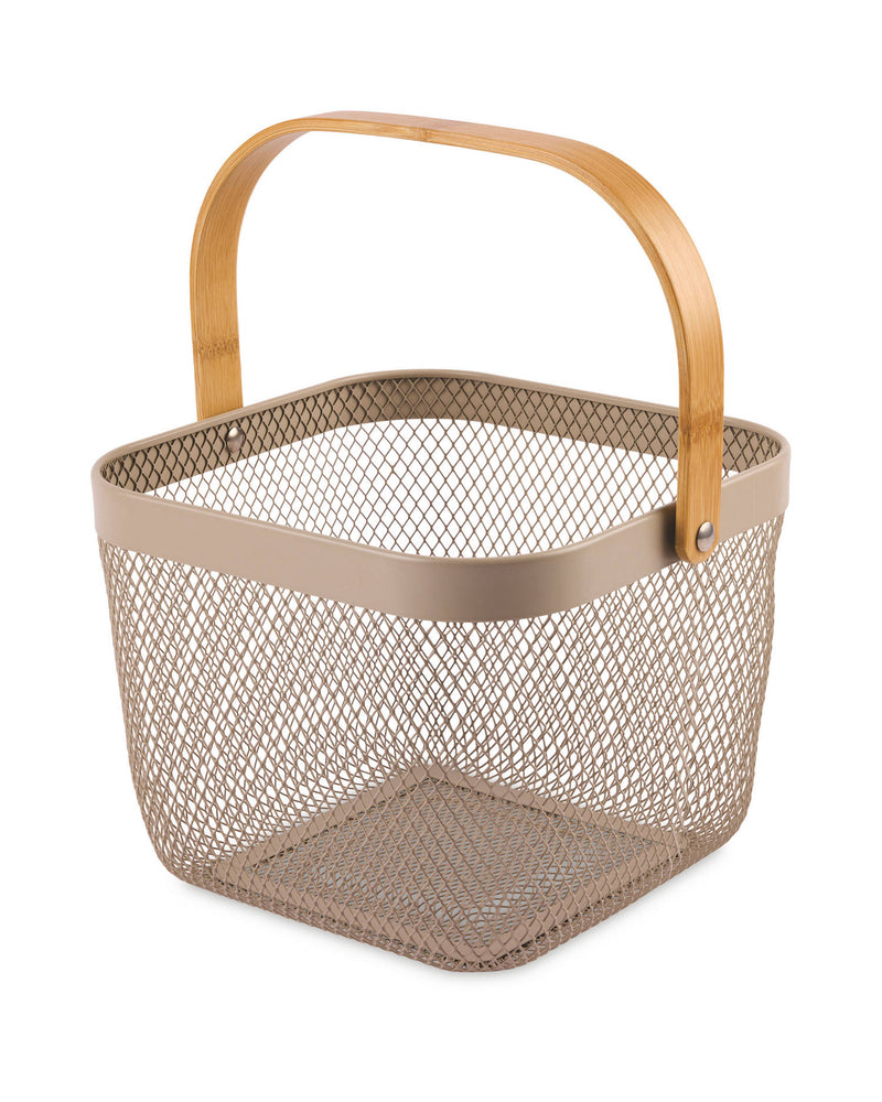 Metal Storage Basket with Bamboo or Metal Handle (24.5cm x 24.5cm x 17.5cm)