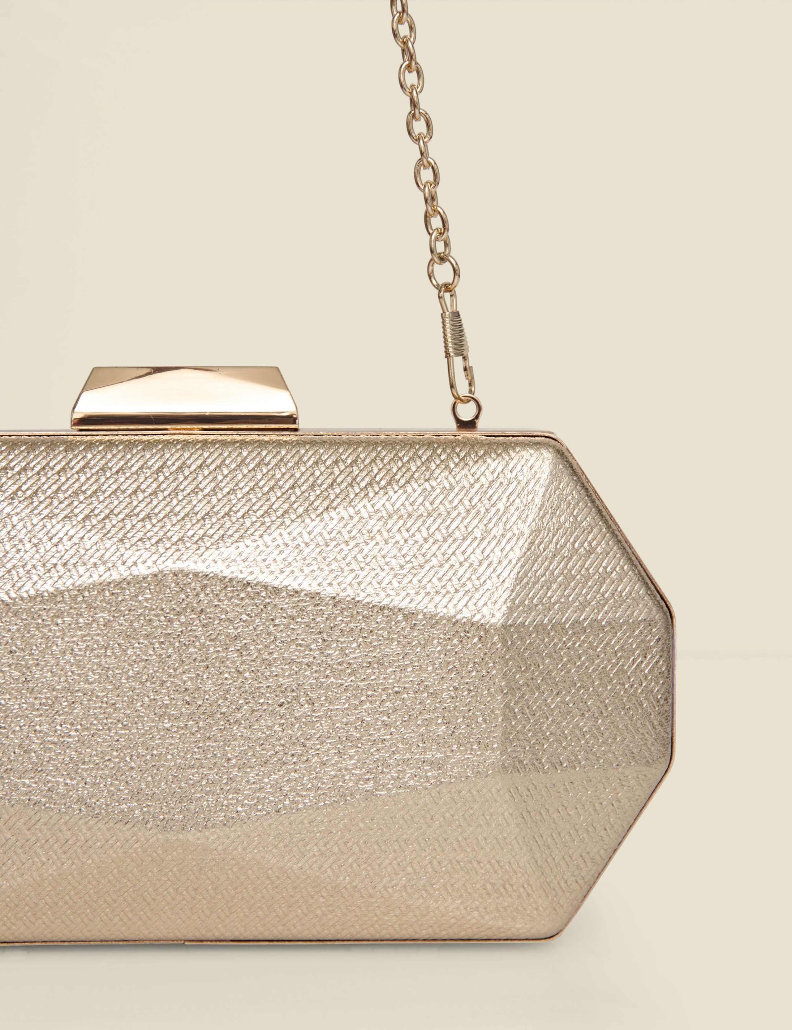 Sosandar geometric chain strap clutch bag metallic (British brand)