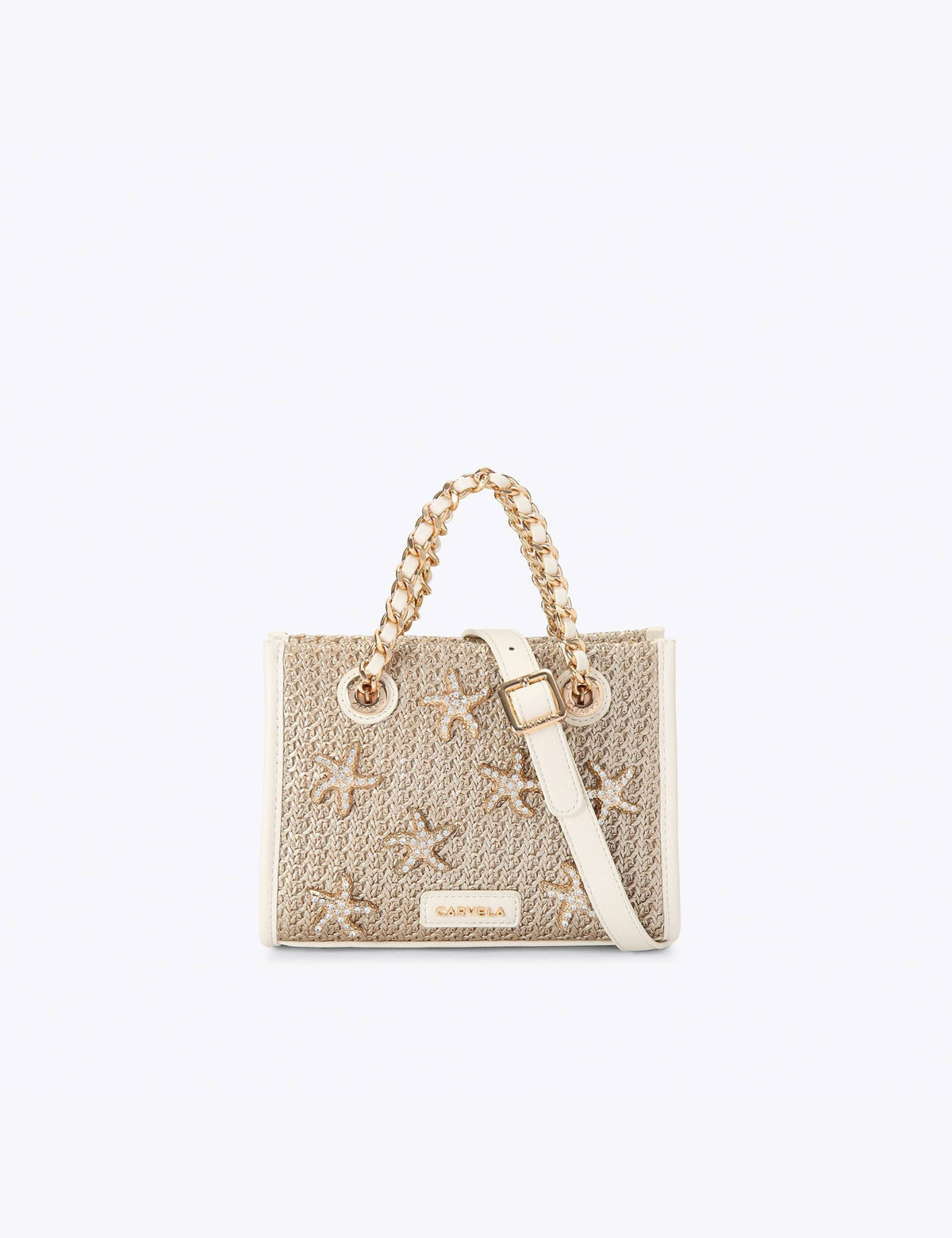 Carvela metallic raffia tote bag with starfish embellishments, imported from the UK