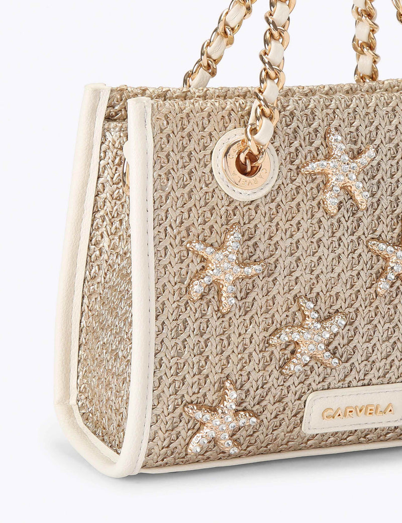Carvela metallic raffia tote bag with starfish embellishments, imported from the UK