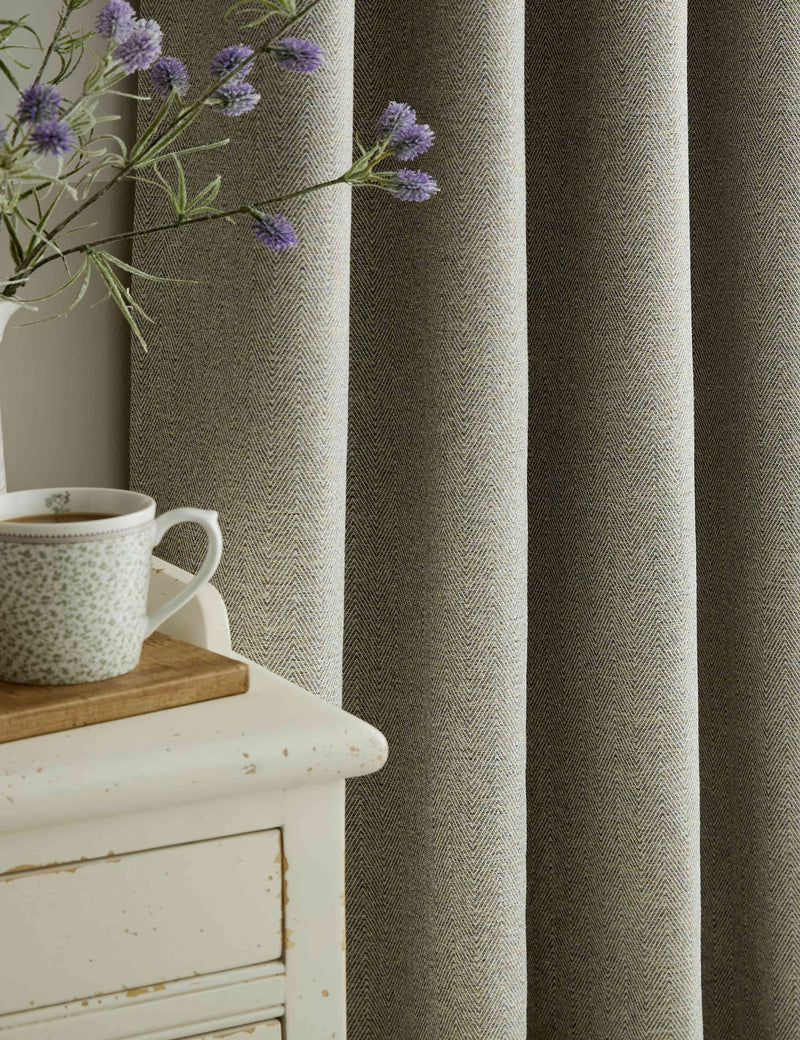 Laura Ashley Milbourne herringbone eyelet curtains, imported from the UK