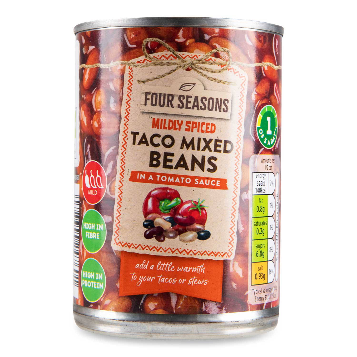 Mildly spiced taco mixed beans in tomato sauce, UK version