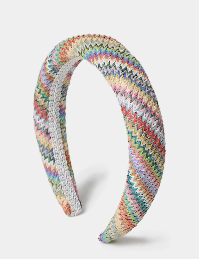 Multicoloured raffia aliceband hair accessory, imported from the UK