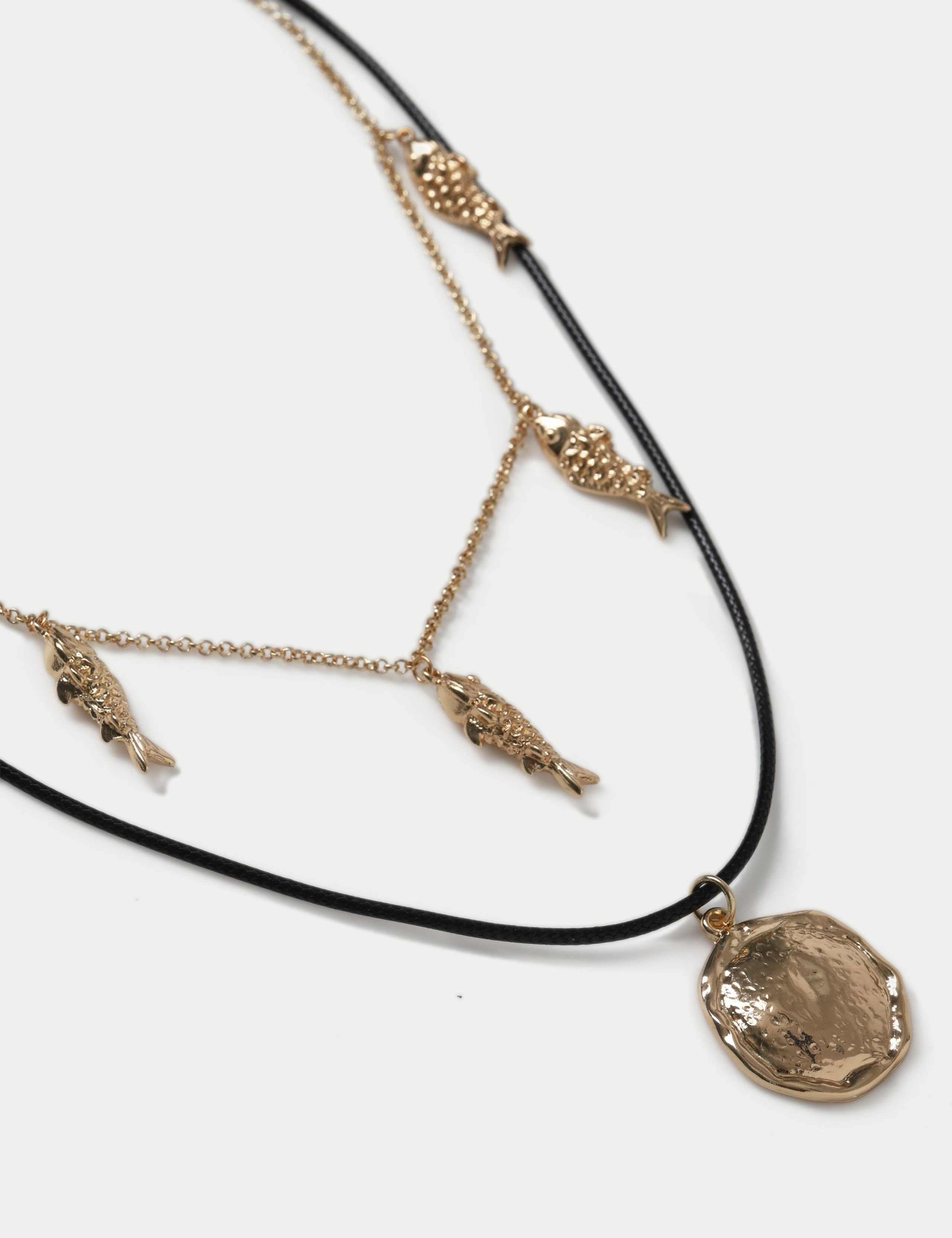 Multirow Fish And Disc Necklace with mixed metals, imported from the UK