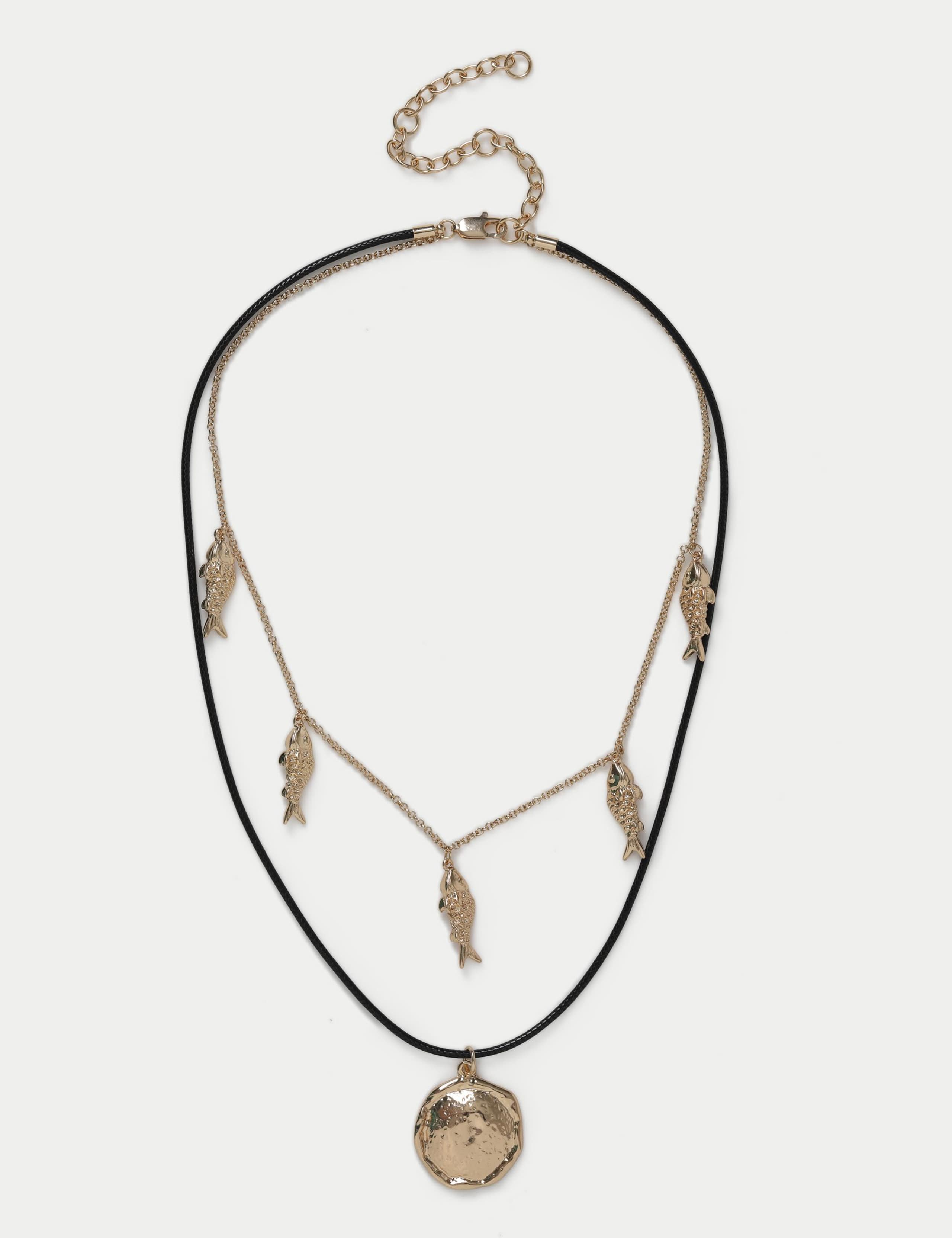 Multirow Fish And Disc Necklace with mixed metals, imported from the UK