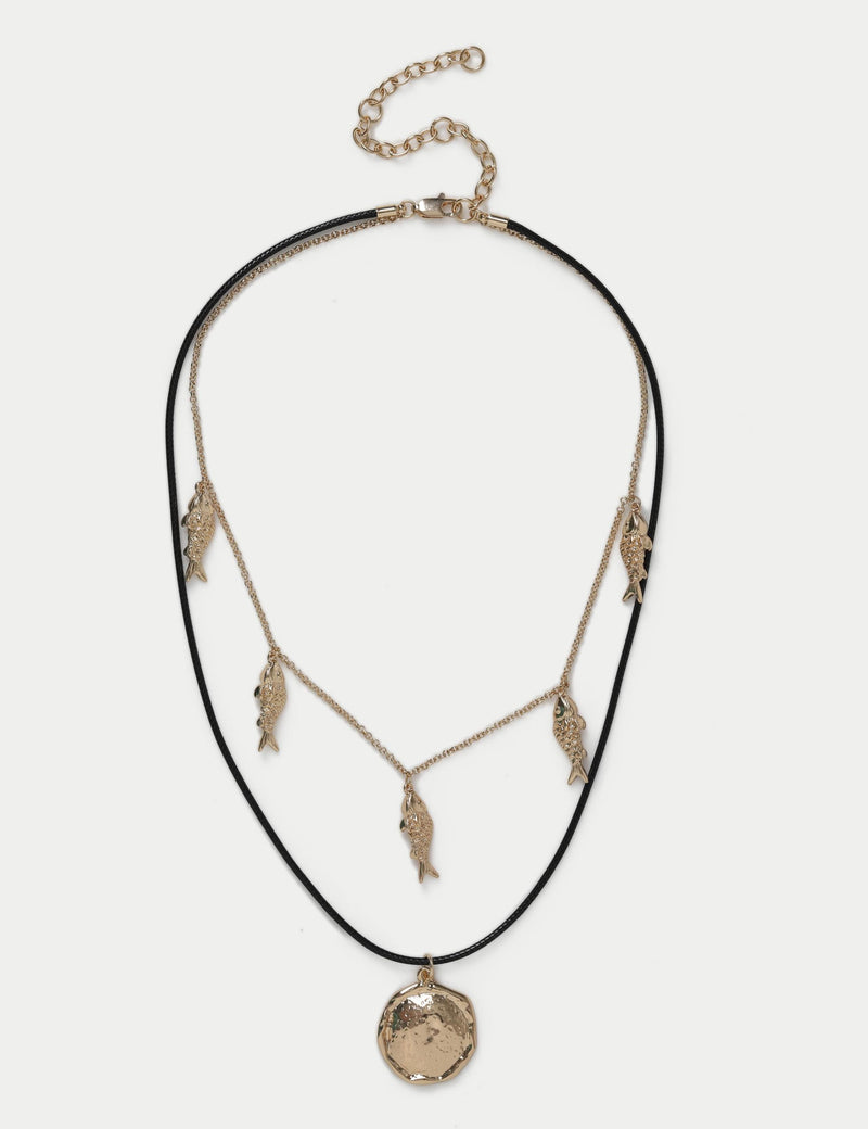 Multirow Fish And Disc Necklace with mixed metals, imported from the UK