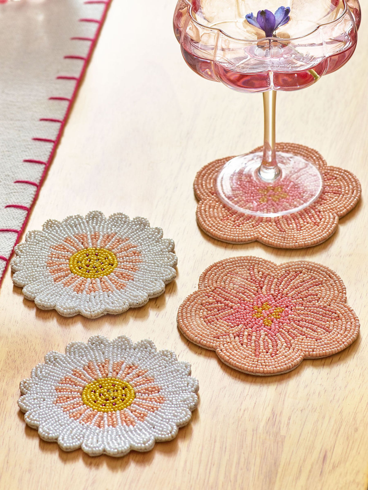 Pink floral beaded coasters set of 4 10cm x 10cm (British brand)
